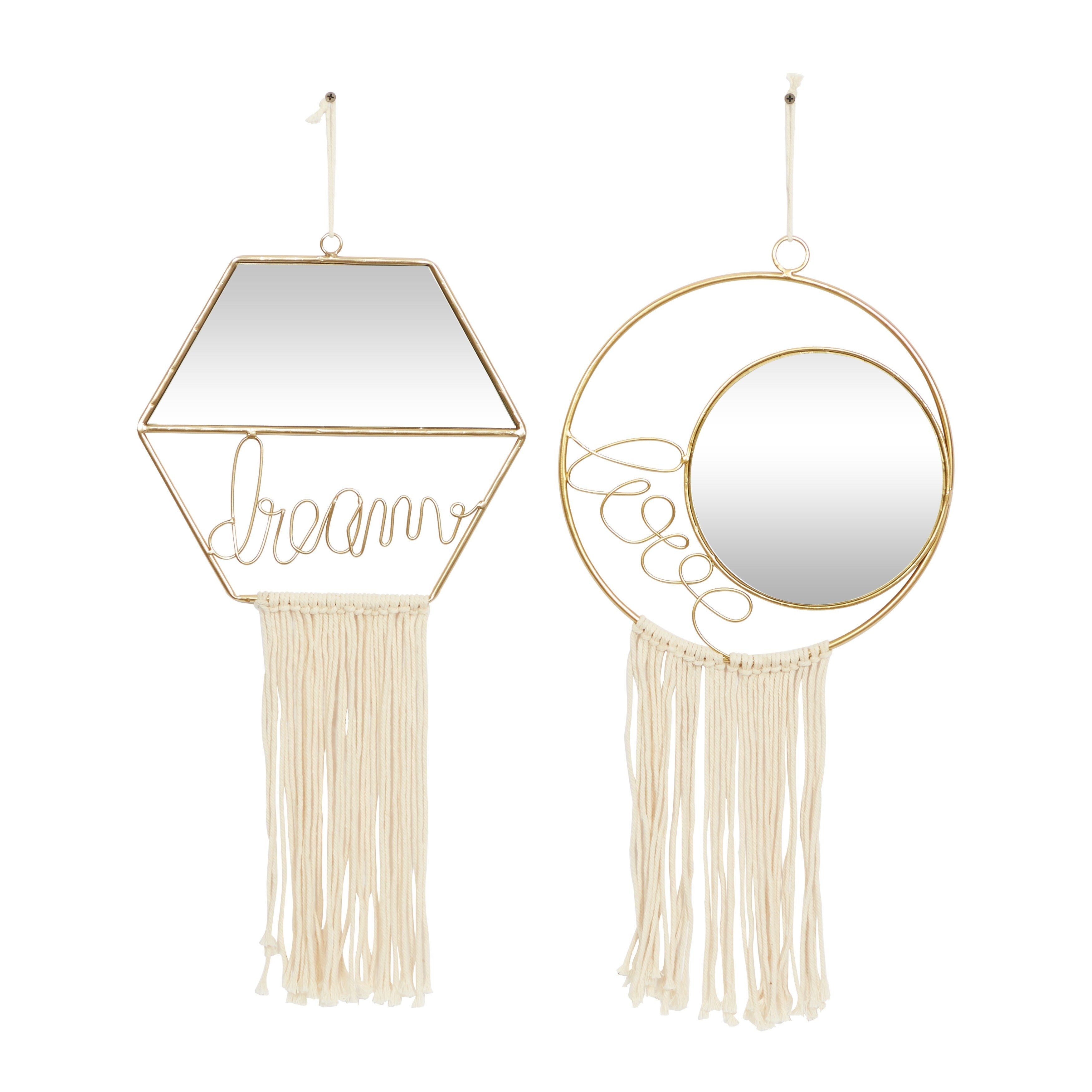 Gold Metal Handmade Dream, Love Wall Mirror with Fringe Tassels (Set of 2) - 11 x 1 x 27