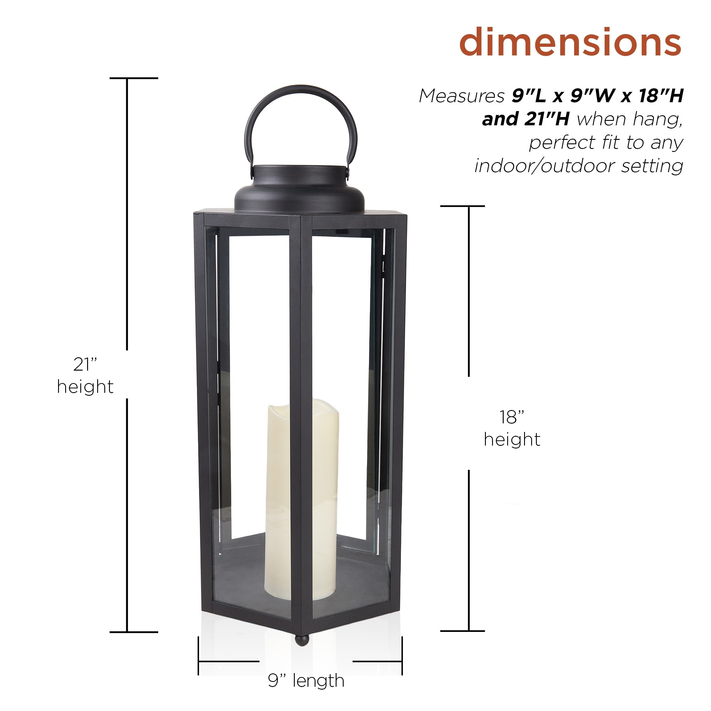 Alpine Corporation 18 Tall Outdoor Hexagonal Battery-Operated Metal Lantern with LED Lights, Black