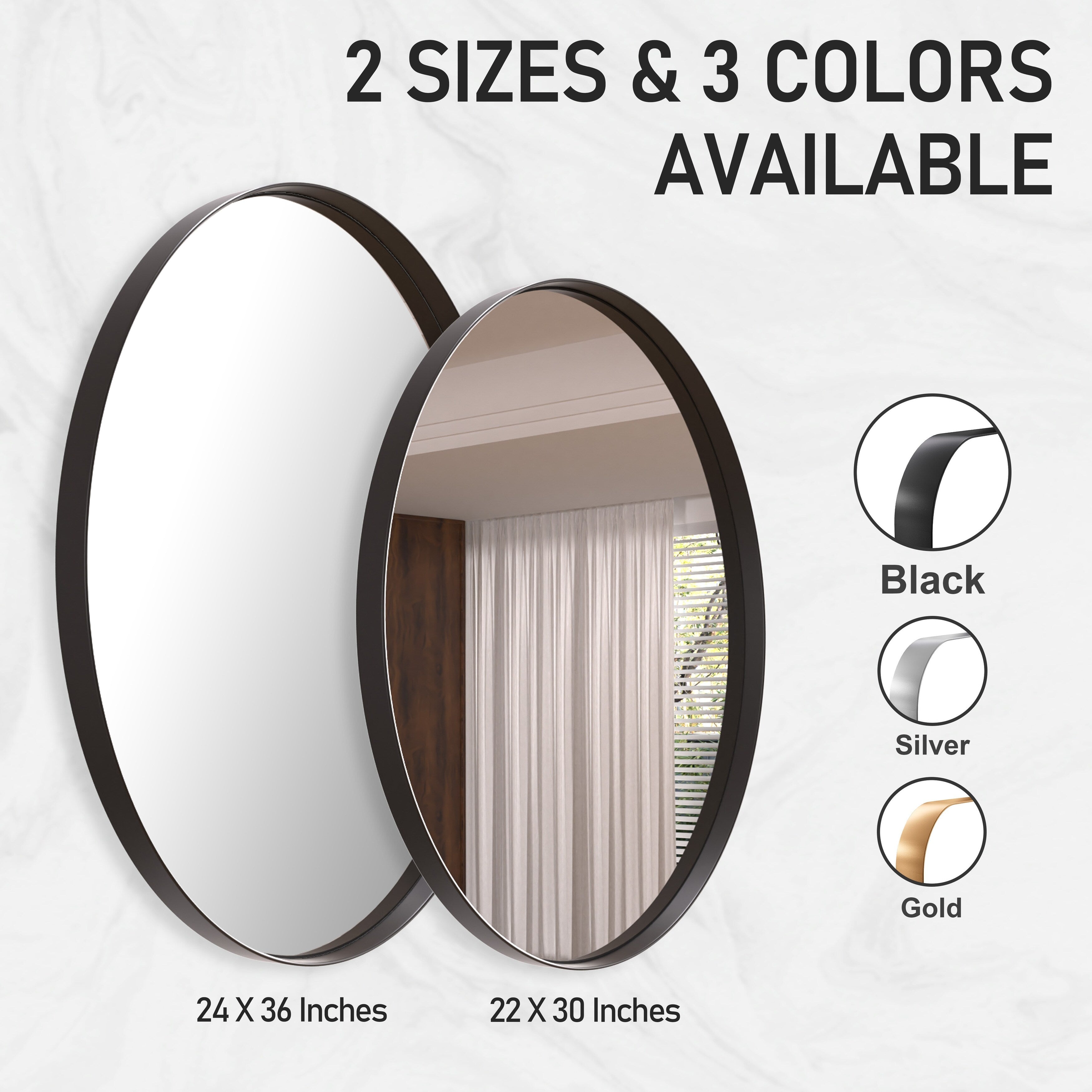 Modern Wall Mirror, Oval Mirror with Metal Framed, Bathroom Mirror with Round Corner Vanity Mirror for Vertical/Horizontal