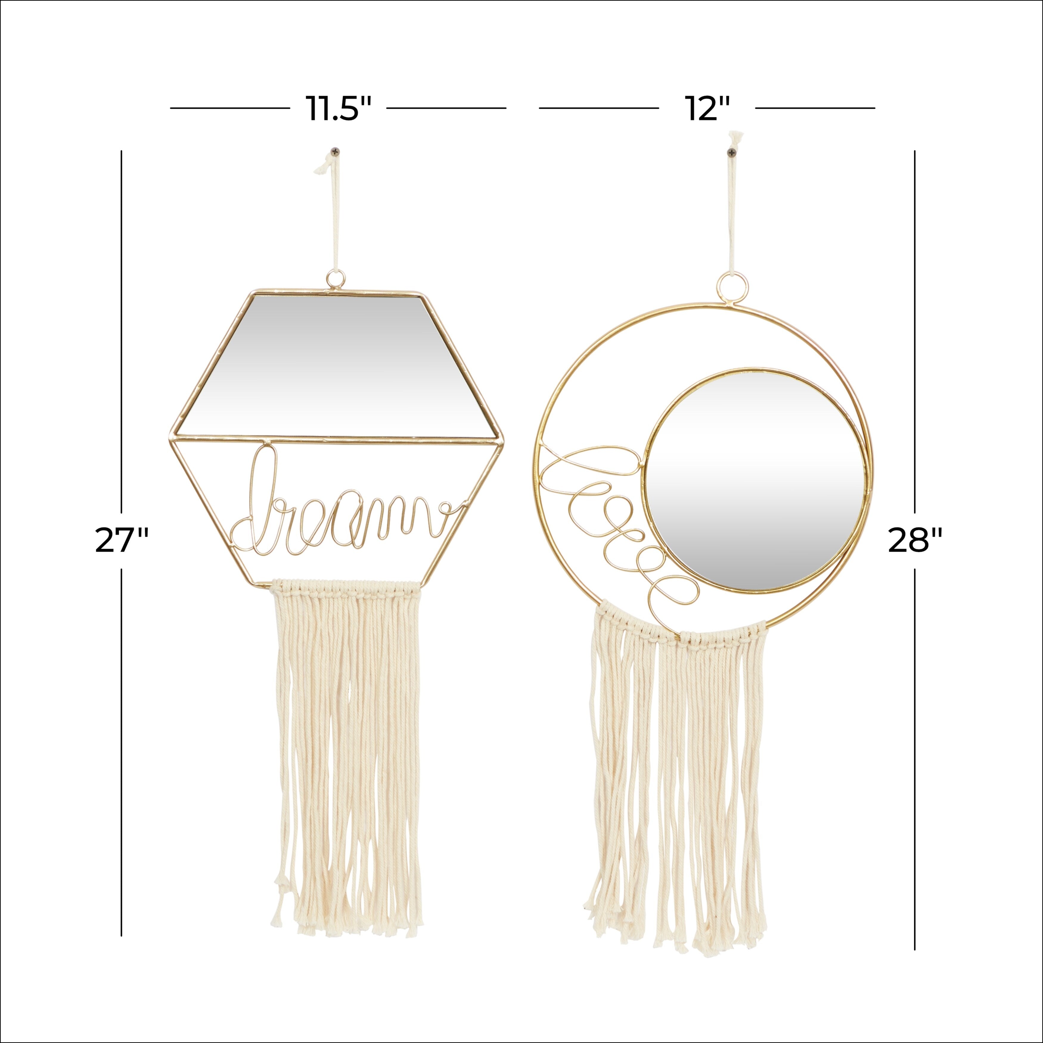 Gold Metal Handmade Dream, Love Wall Mirror with Fringe Tassels (Set of 2) - 11 x 1 x 27