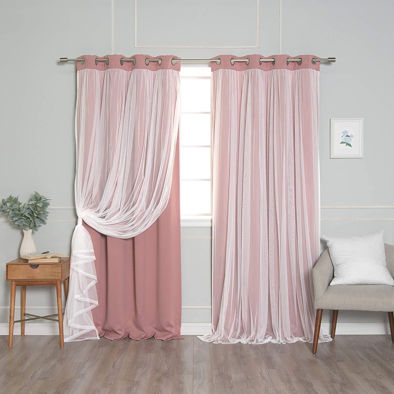 Aurora Home Gathered Tulle Overlay Blackout Curtain Panel Pair