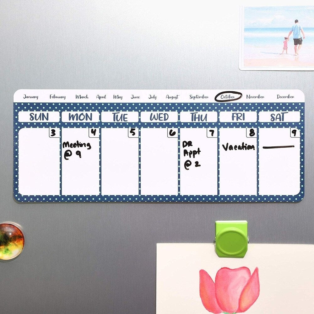 4x Magnetic Dry Erase Polka Dot Refrigerator Calendar White Blue 11 x 4.2 - 11 x 4.2