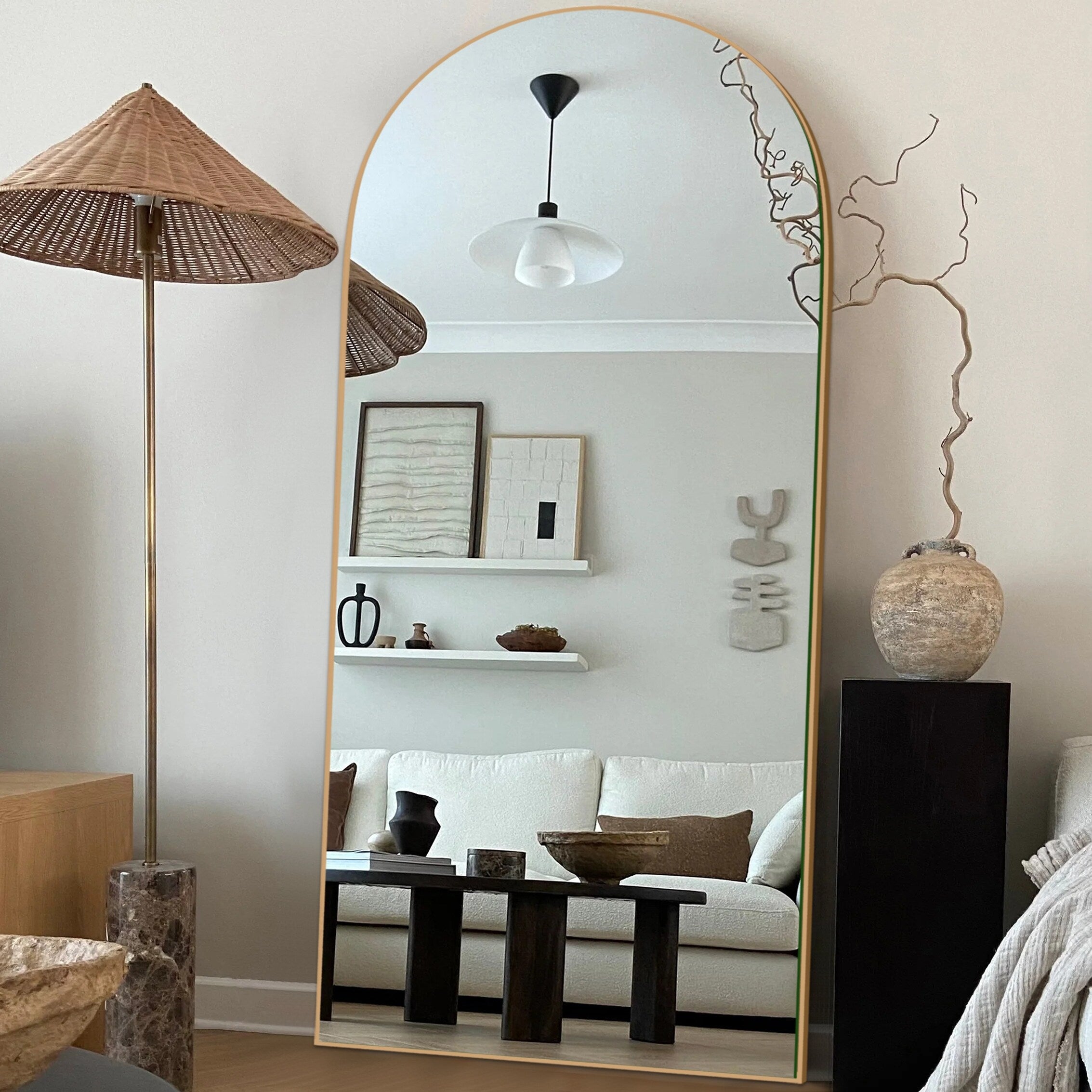 Arched Full-Length Standing Wood Floor Mirror, Wall Mirror