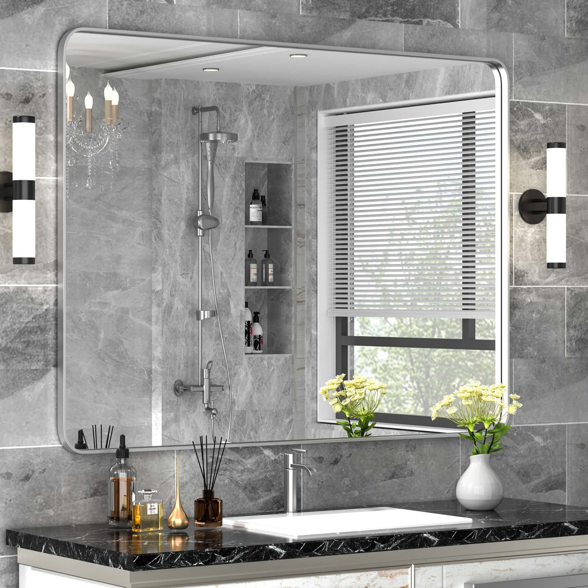 Modern Wall Mirrors, Rectangular Mirror with Stainless Steel Framed, Bathroom Mirror with Round Corner, Vanity Mirror