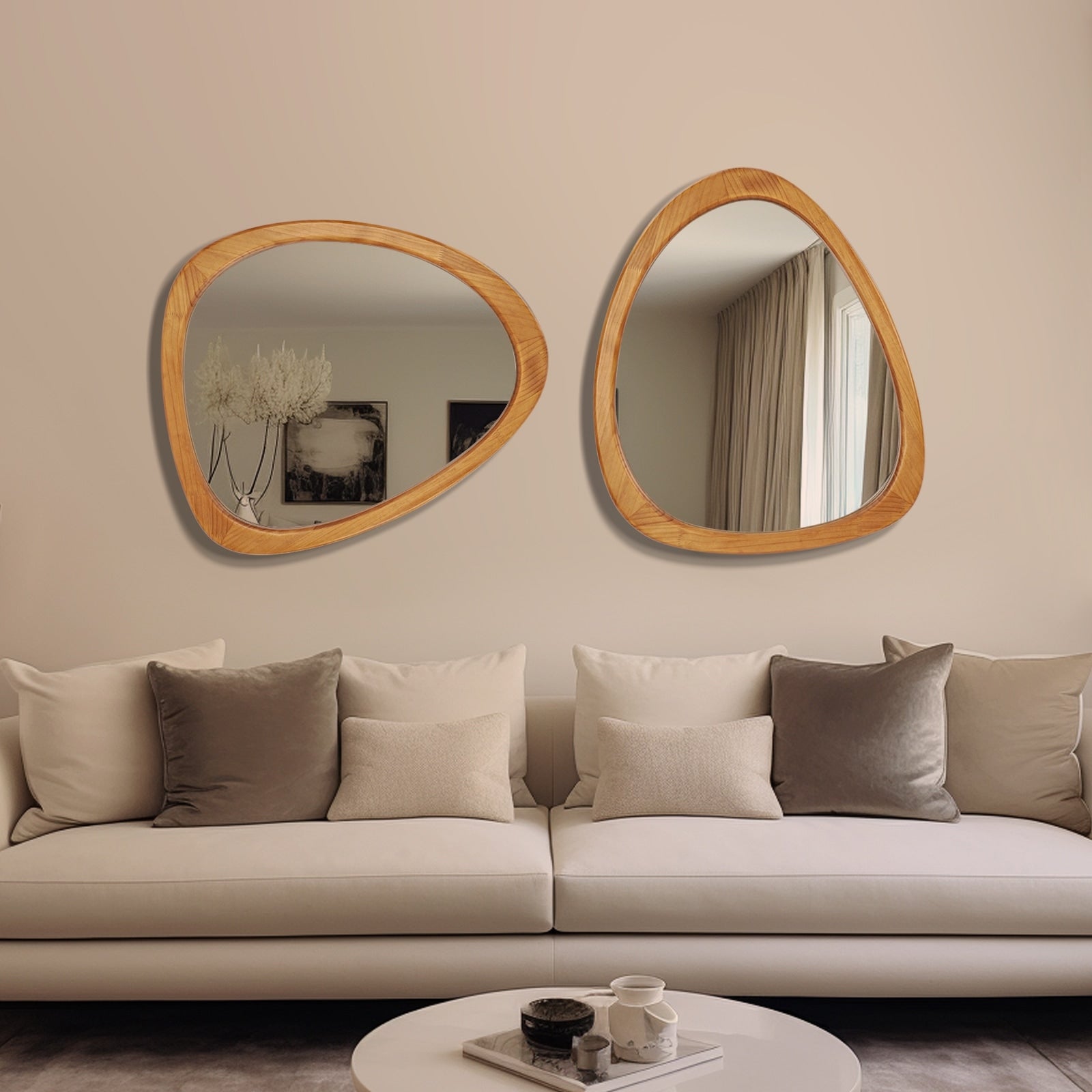 Pine Wooden Frame Asymmetrical Cobblestone Shaped Wall Mirror