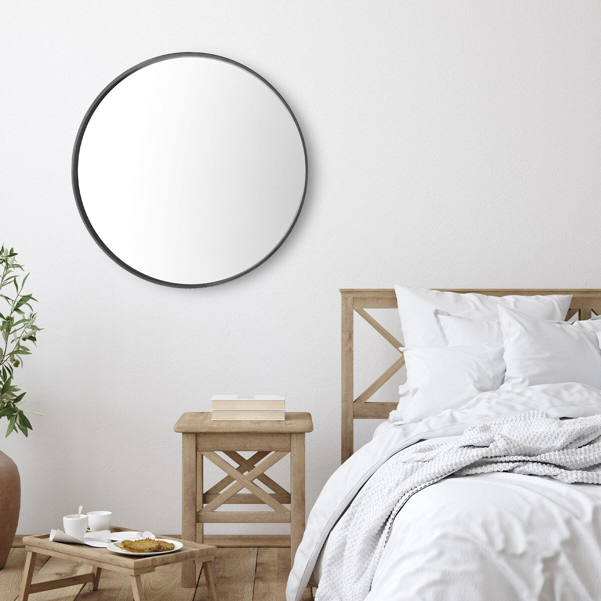 Classic Wooden Frame Farmhouse Round Wall Mirror