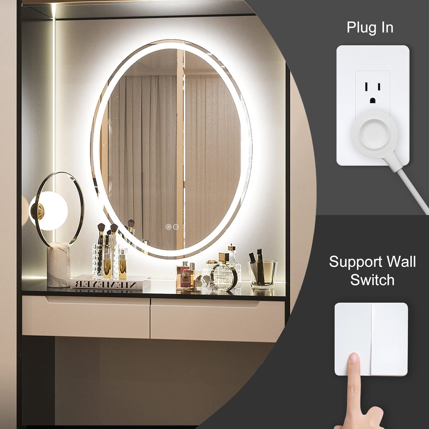 Apmir LED Backlit Bathroom Vanity Mirror Wall Mounted Anti-Fog Oval Touch