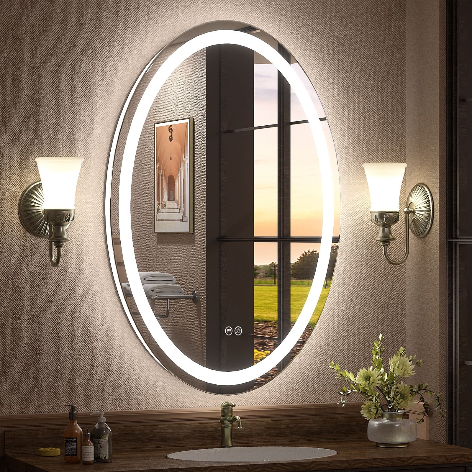 Apmir LED Backlit Bathroom Vanity Mirror Wall Mounted Anti-Fog Oval Touch