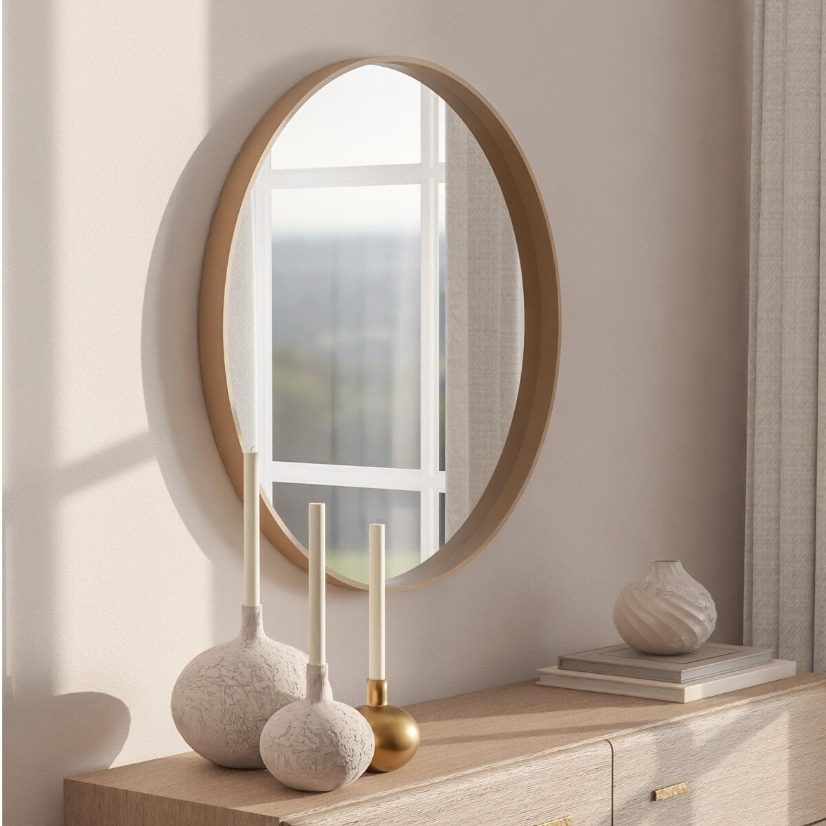 Classic Wooden Frame Farmhouse Round Wall Mirror