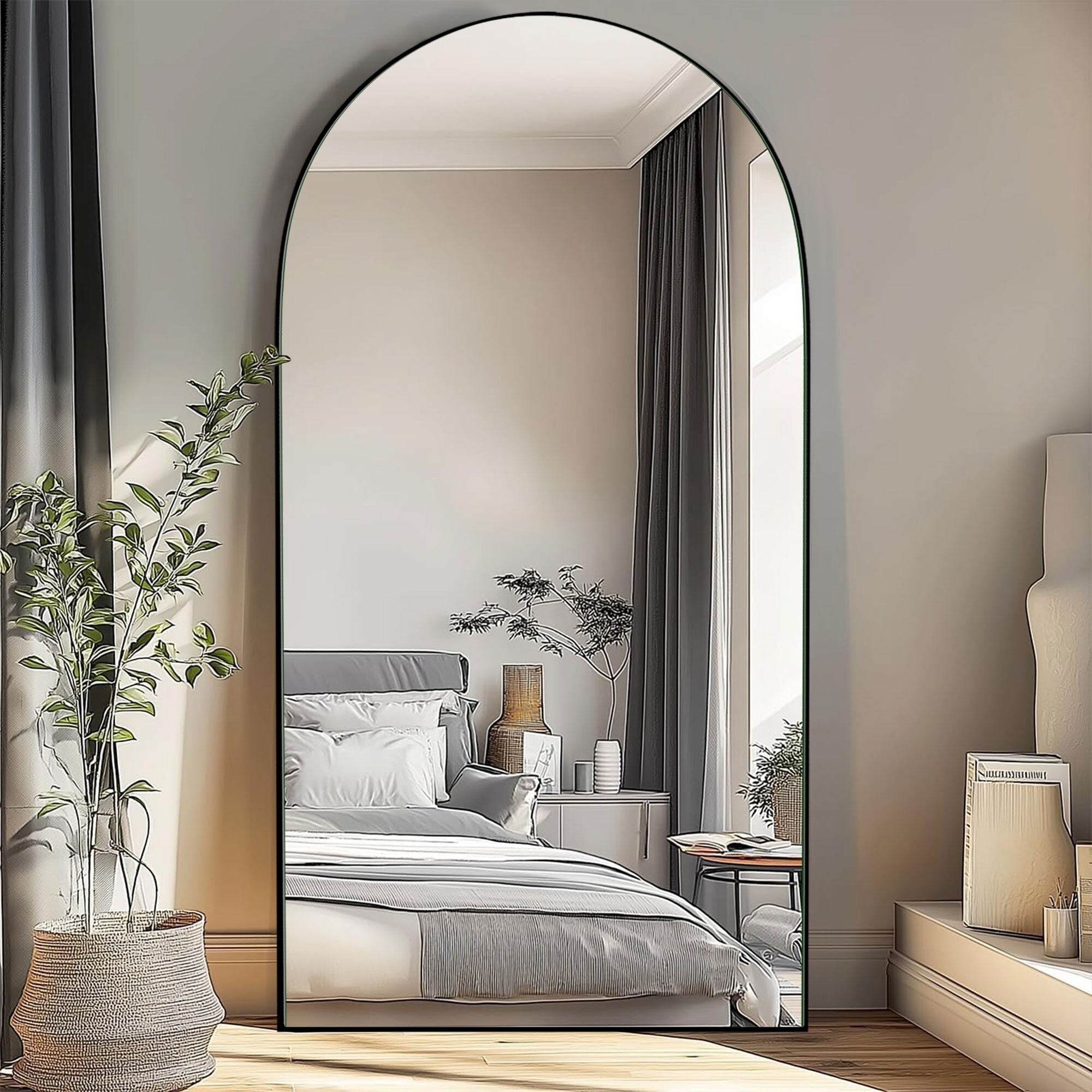 Arched Full-Length Standing Wood Floor Mirror, Wall Mirror