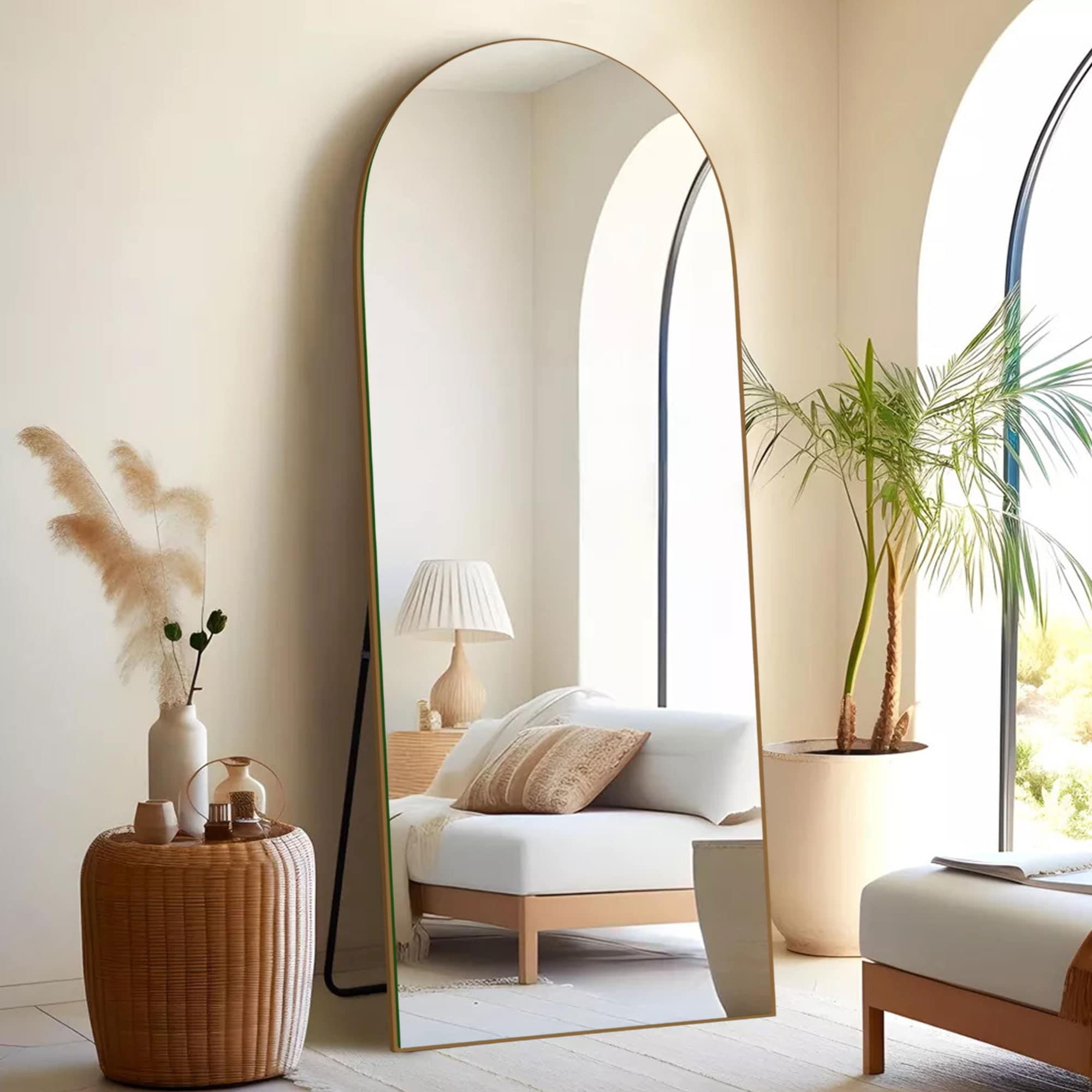 Arched Full-Length Standing Wood Floor Mirror, Wall Mirror