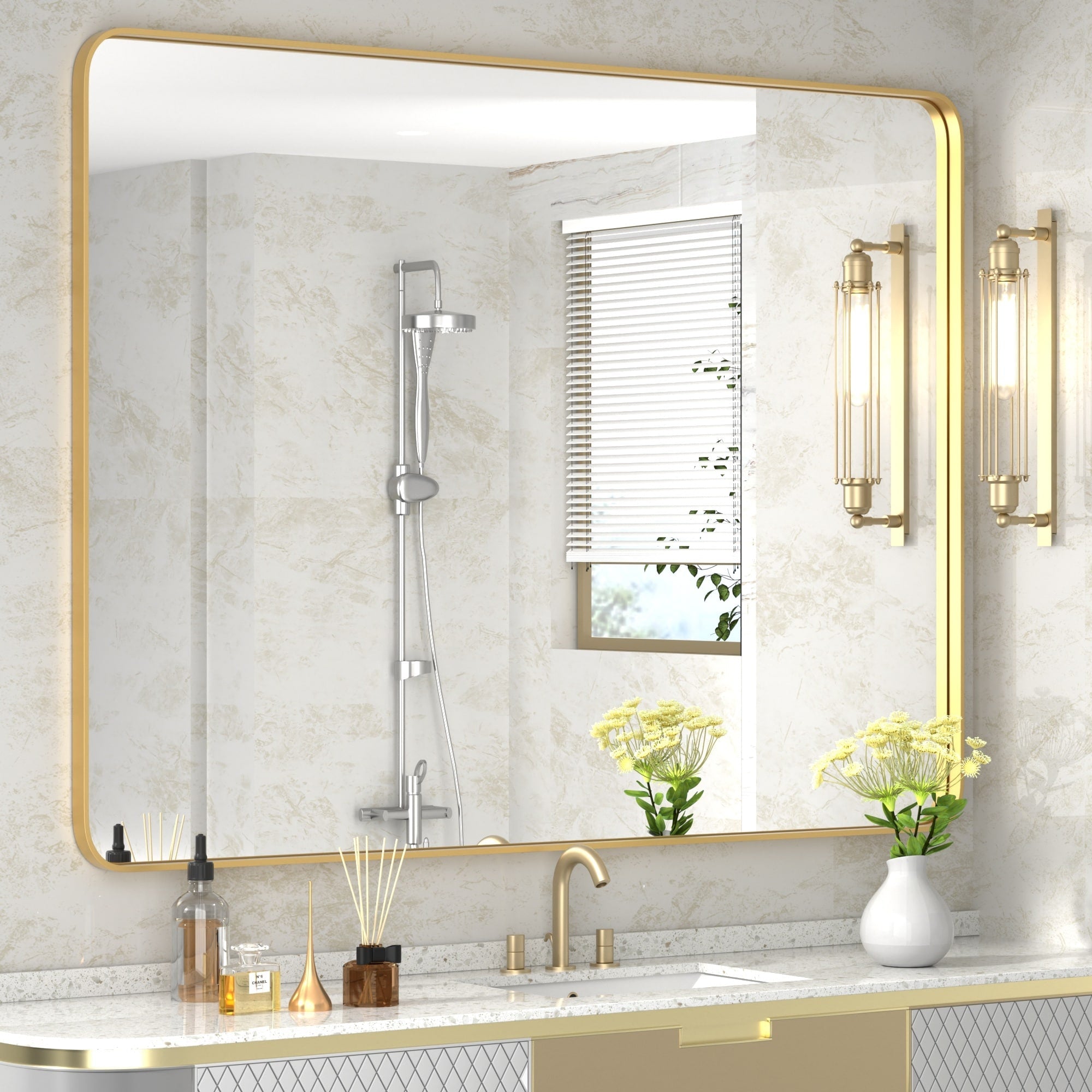 Modern Wall Mirrors, Rectangular Mirror with Stainless Steel Framed, Bathroom Mirror with Round Corner, Vanity Mirror