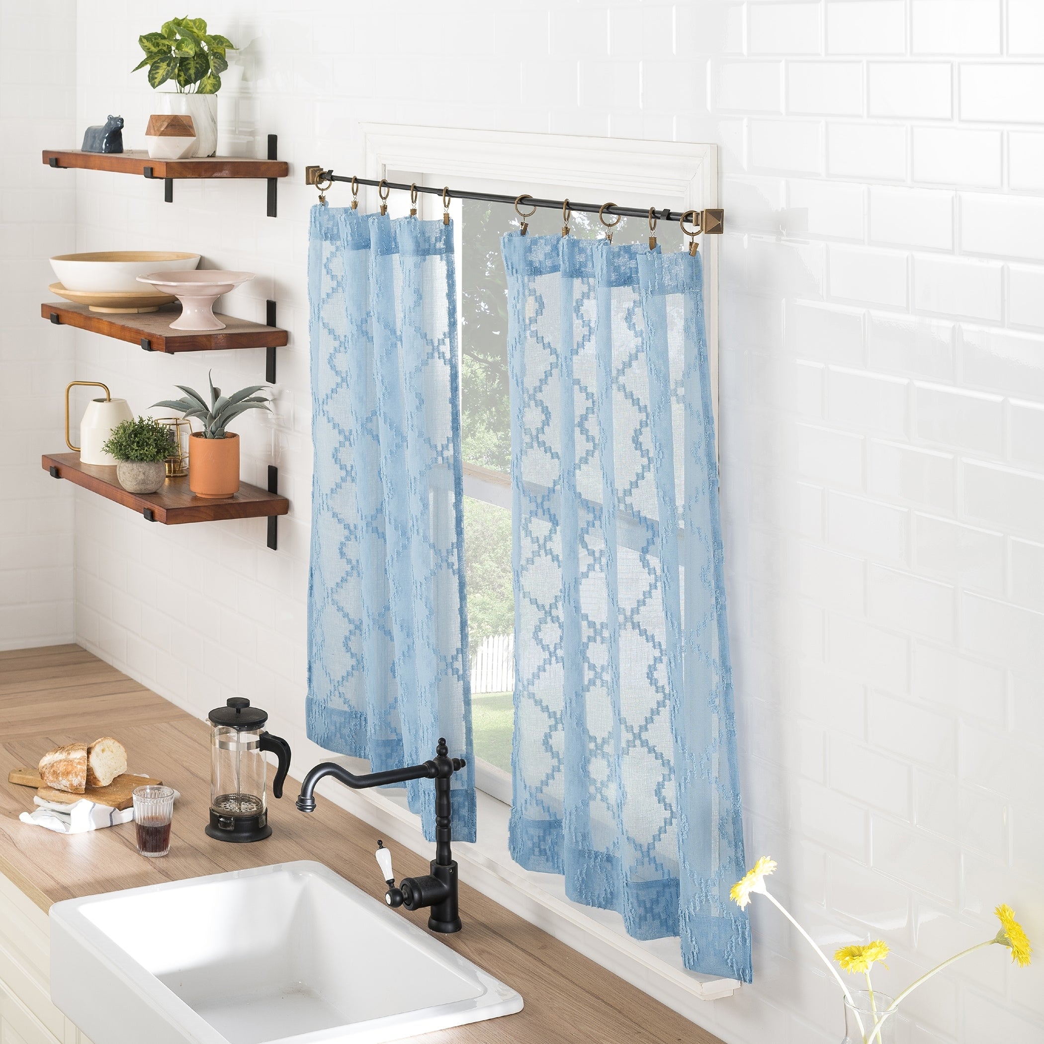 No. 918 Tina Geometric Clipped Semi-Sheer Rod Pocket Kitchen Curtain Valance and Tiers Set