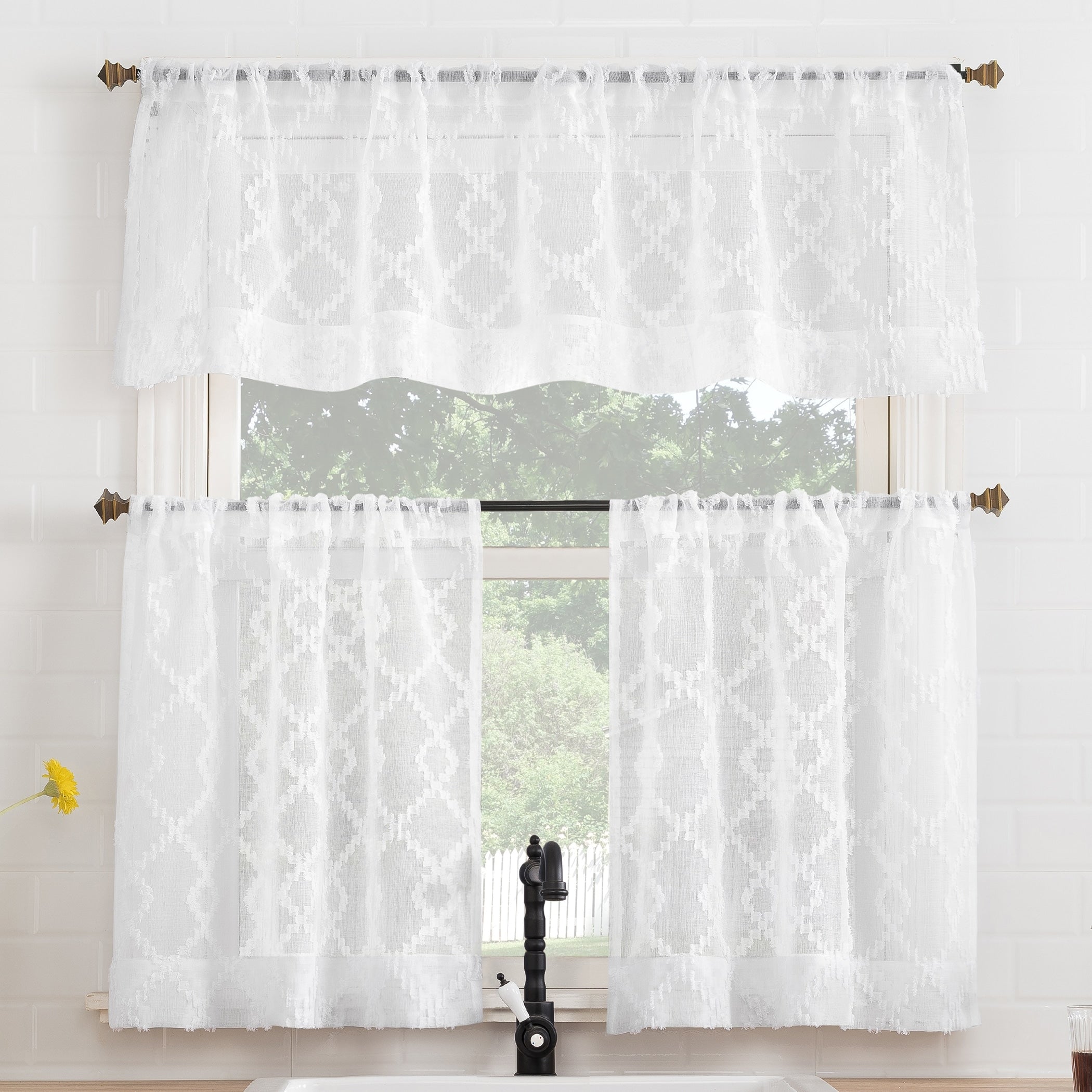 No. 918 Tina Geometric Clipped Semi-Sheer Rod Pocket Kitchen Curtain Valance and Tiers Set