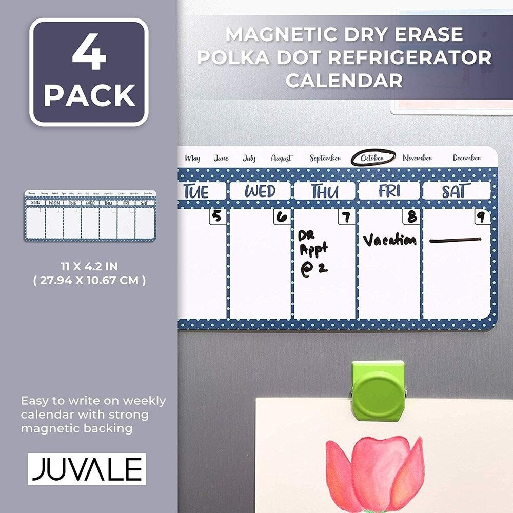 4x Magnetic Dry Erase Polka Dot Refrigerator Calendar White Blue 11 x 4.2 - 11 x 4.2