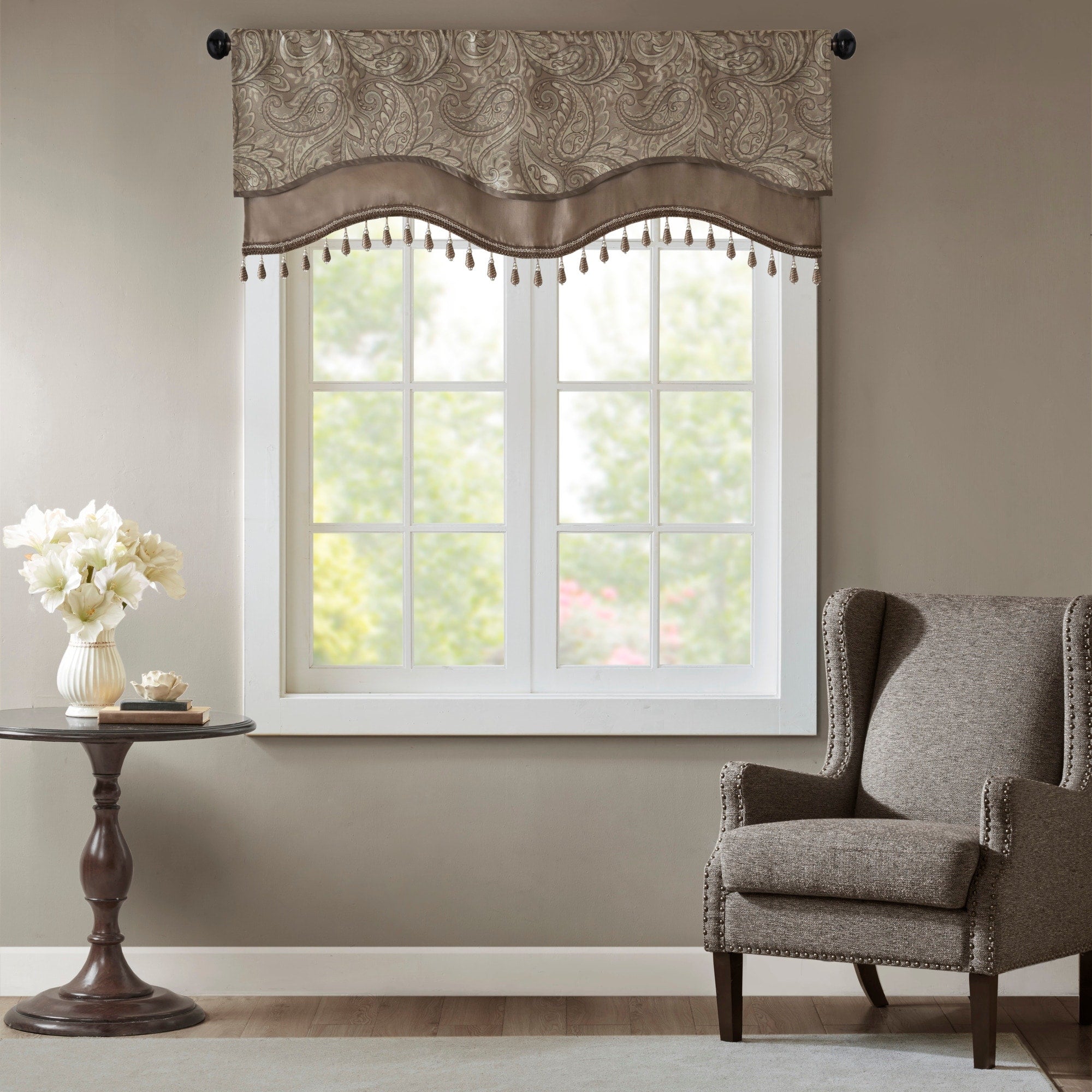 Madison Park Whitman Jacquard Window Rod Pocket Valance with Beads - 50 x 18