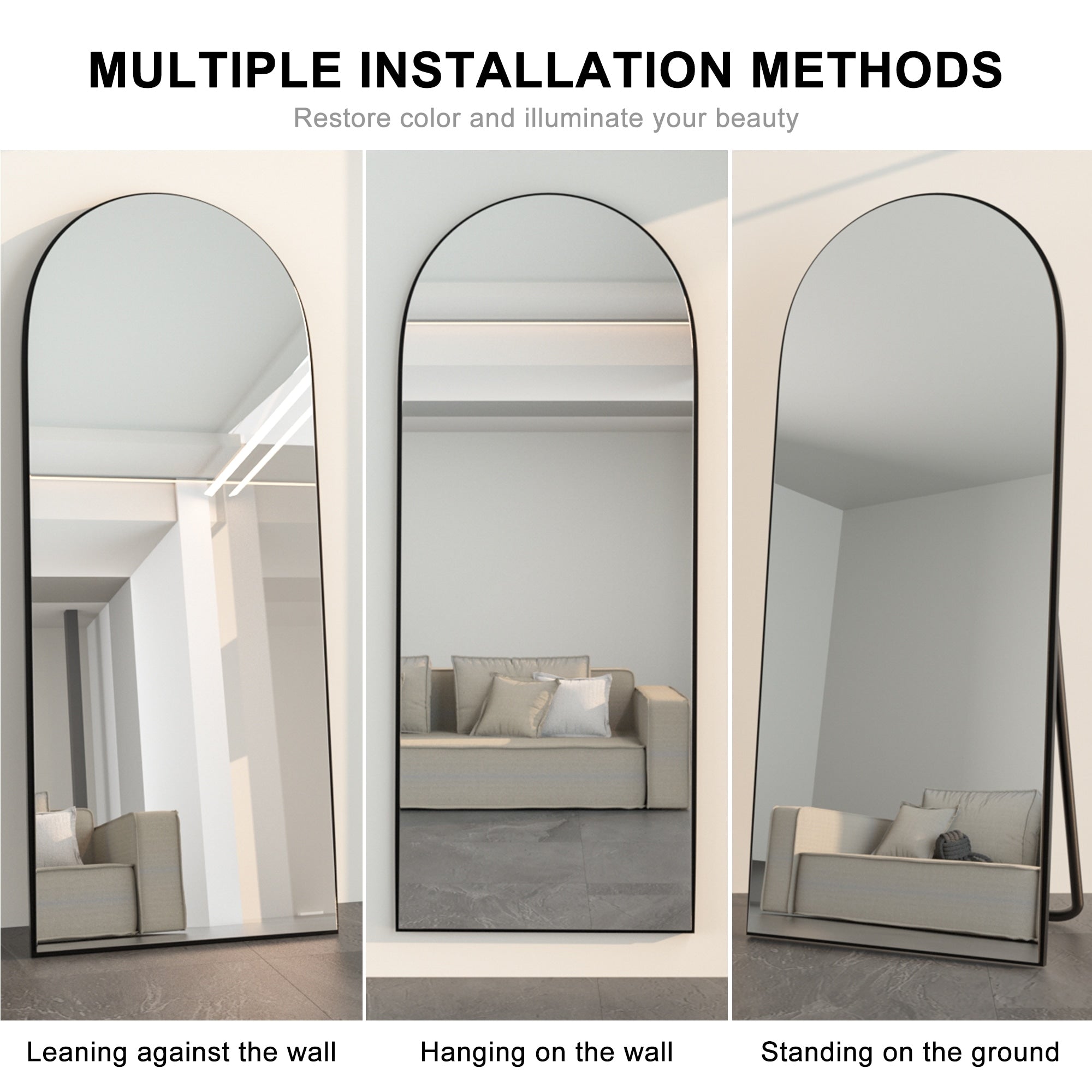 Arched Full-Length Standing Wood Floor Mirror, Wall Mirror