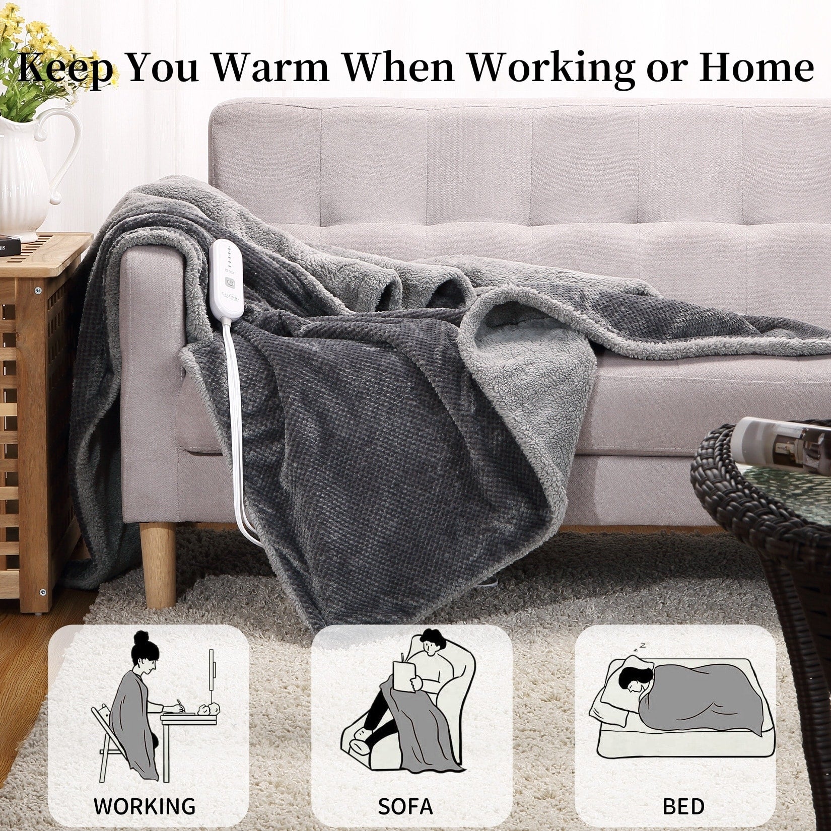 Flannel Sherpa Heating Blanket with 5 Heat Settings