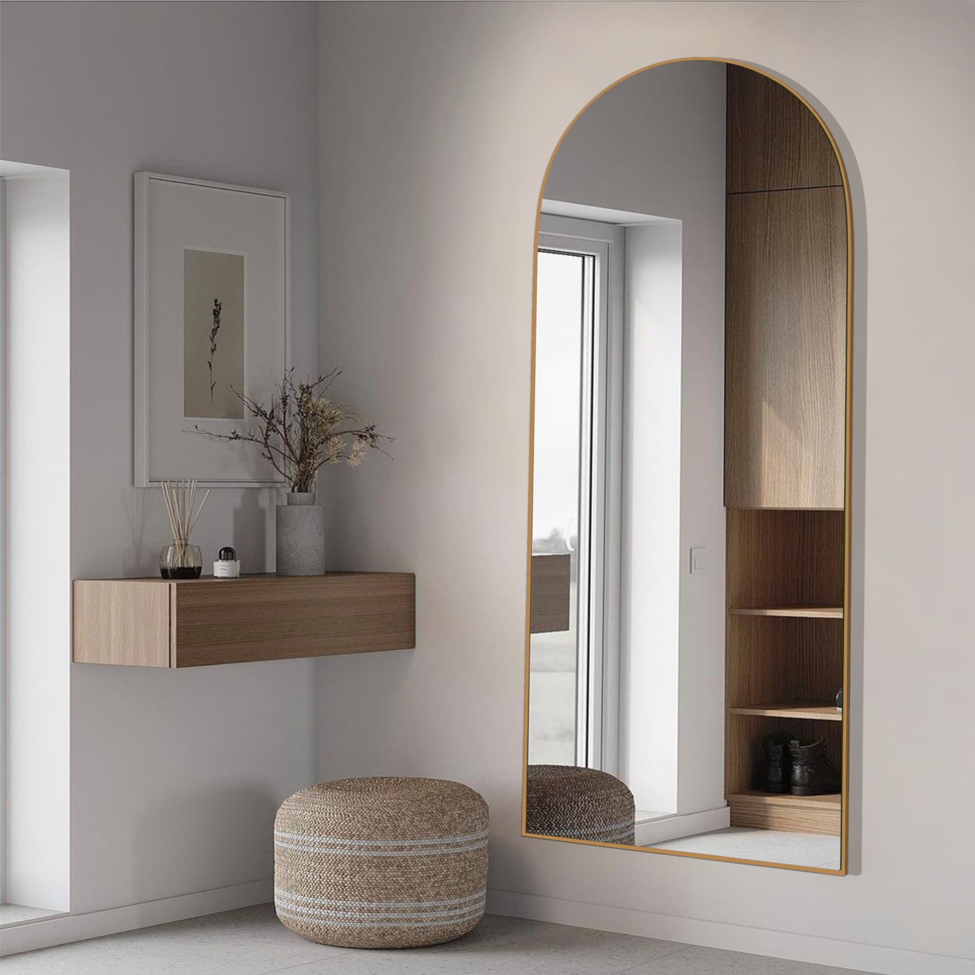 Arched Full-Length Standing Wood Floor Mirror, Wall Mirror