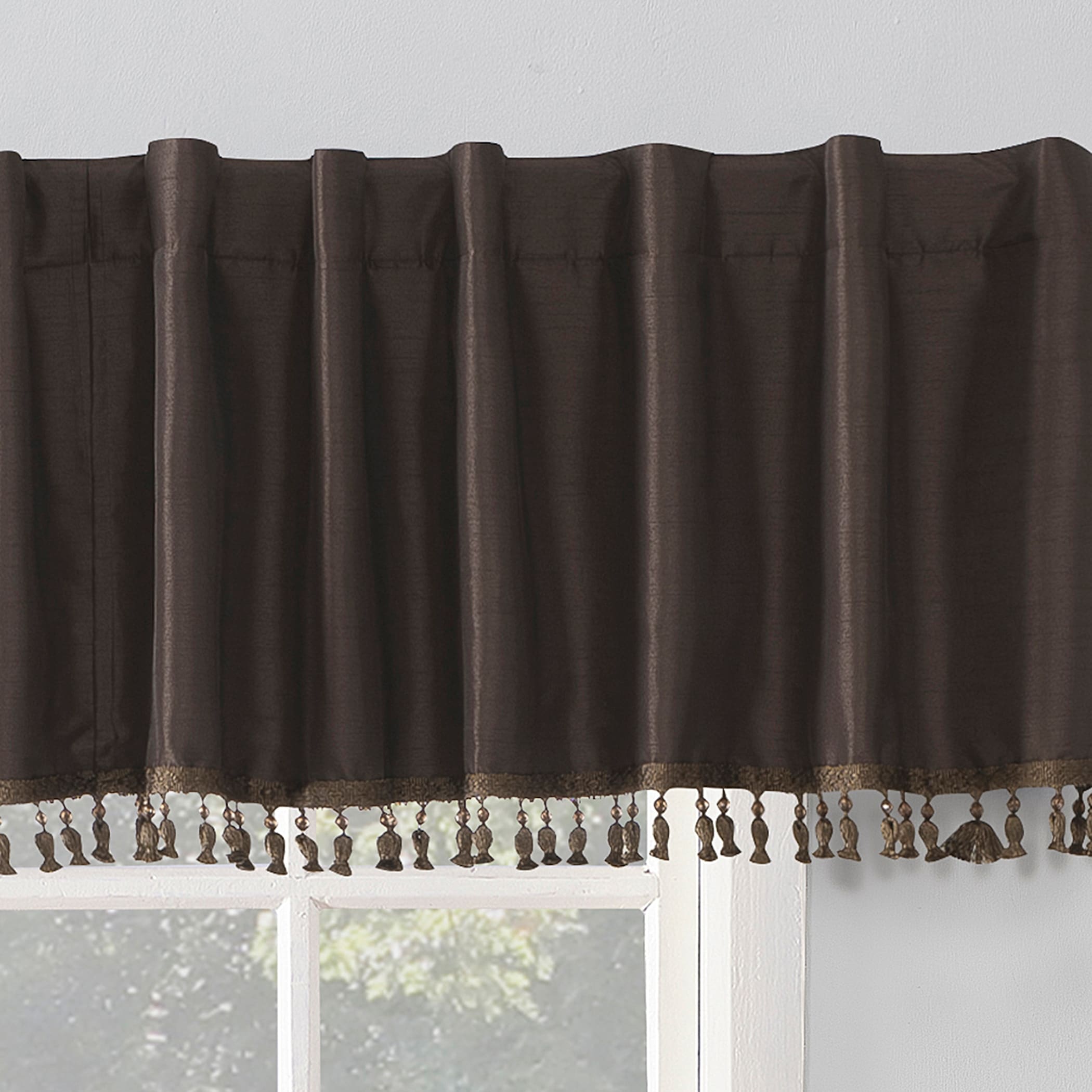 Sun Zero Evelina Faux Dupioni Silk Beaded Tassels Thermal Extreme Total Blackout Back Tab Curtain Valance