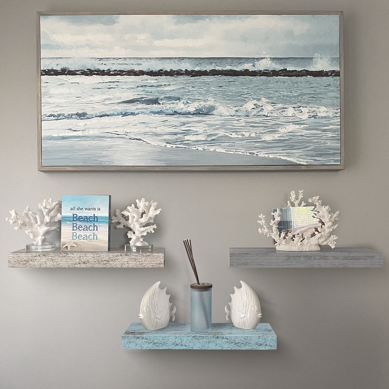 Floating Shelf Set, Rustic Wood Beach Style Hanging Wall Shelves - 3-Pack