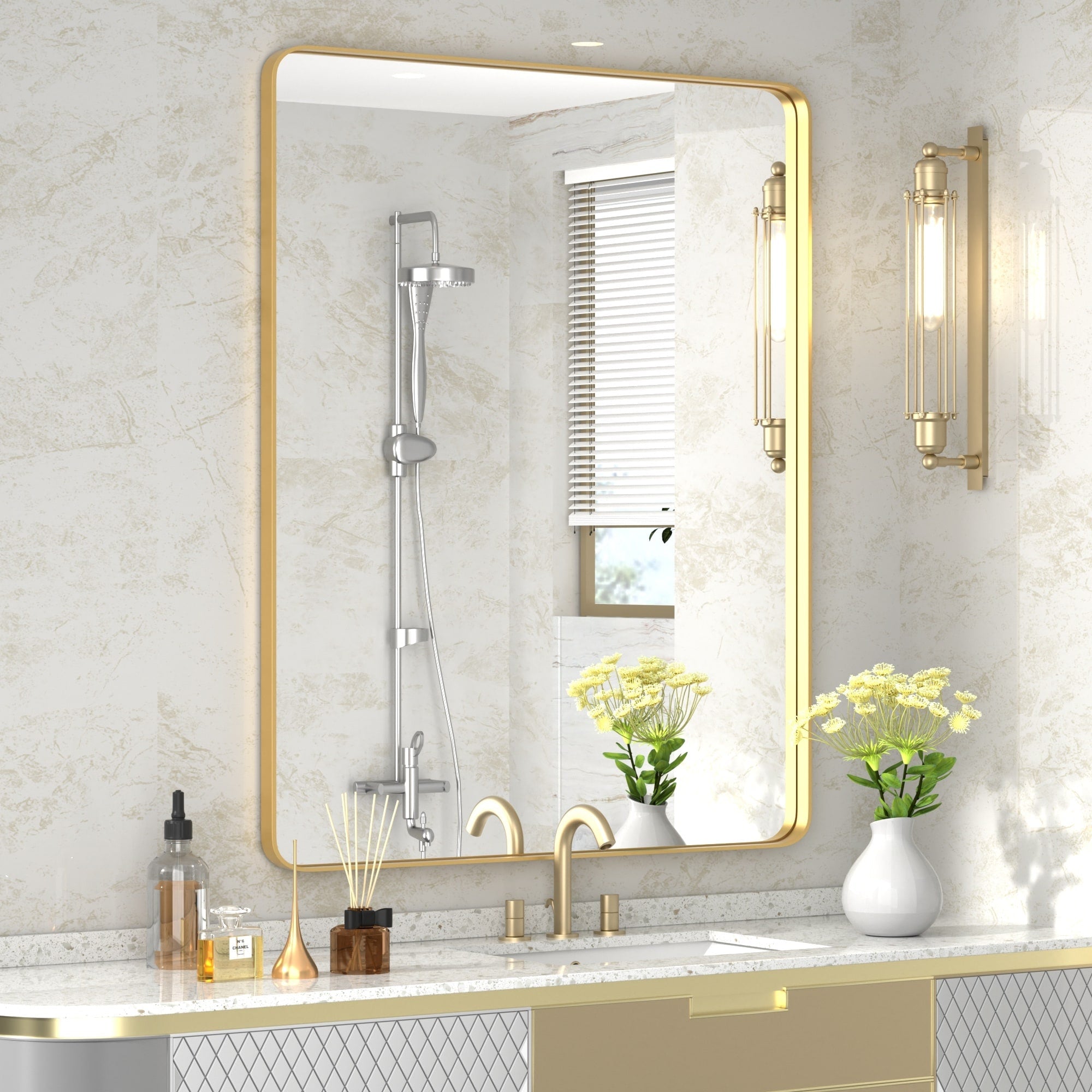 Modern Wall Mirrors, Rectangular Mirror with Stainless Steel Framed, Bathroom Mirror with Round Corner, Vanity Mirror