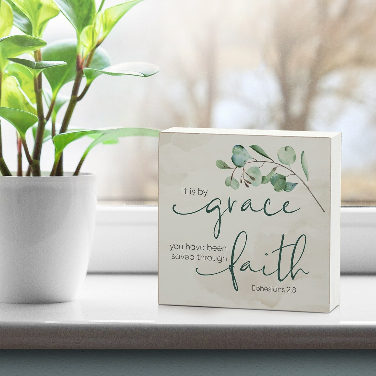 Wood Block Décor Message by Grace Saved Through Faith Sign, 3.75 inches Square, Made in The USA - Multi-38