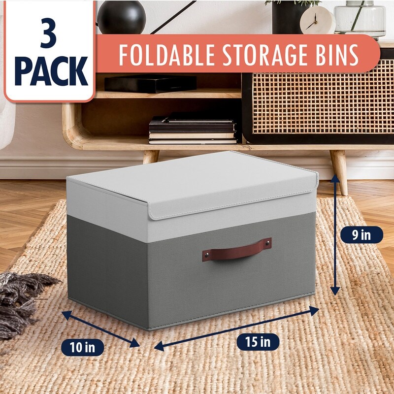 Foldable Collapsible Large Storage Box Bins Linen Fabric Shelf Basket with Leather Handles and Lid - Set of 3