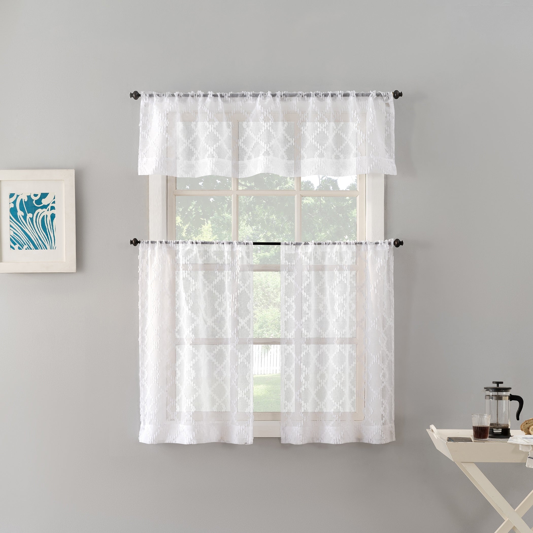 No. 918 Tina Geometric Clipped Semi-Sheer Rod Pocket Kitchen Curtain Valance and Tiers Set