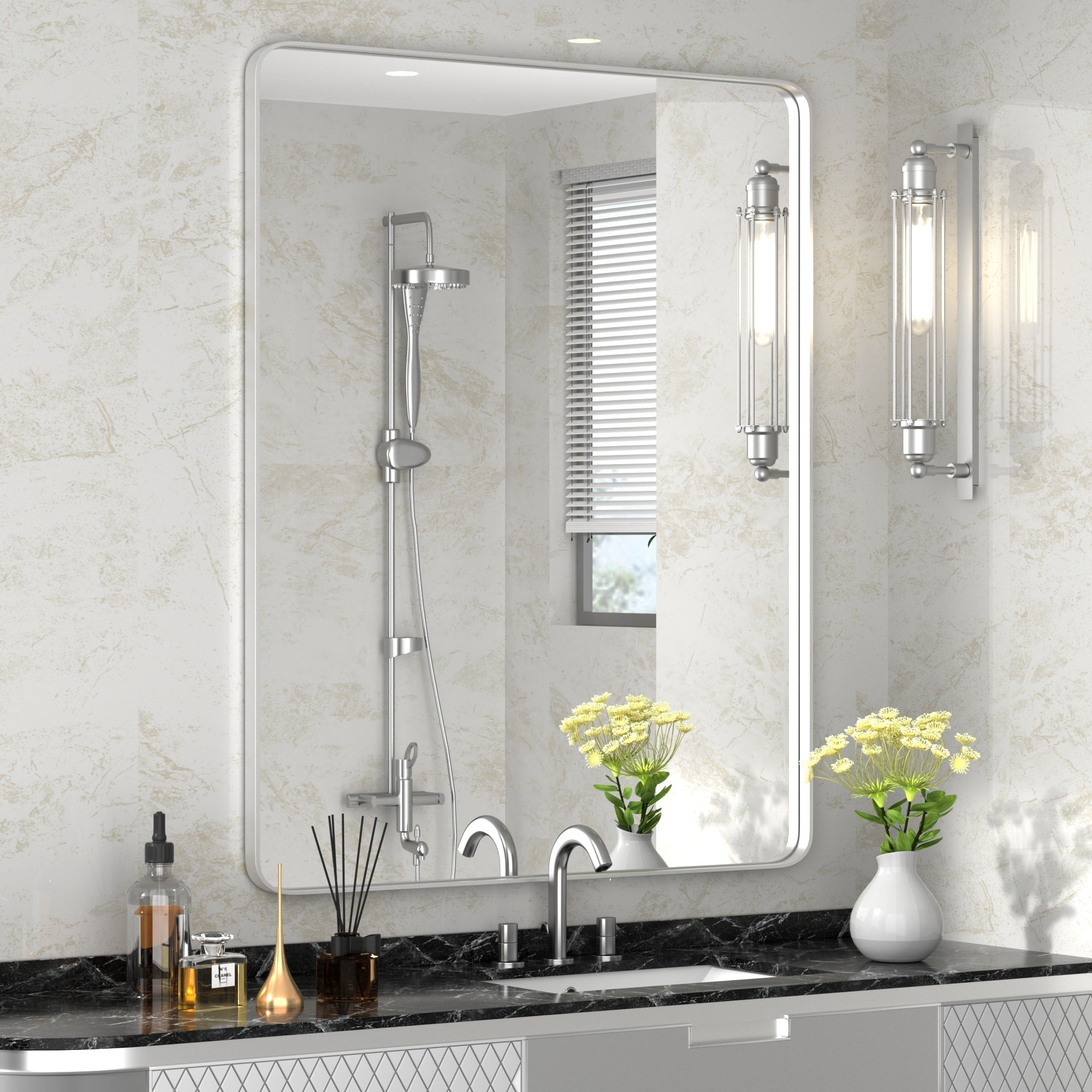 Modern Wall Mirrors, Rectangular Mirror with Stainless Steel Framed, Bathroom Mirror with Round Corner, Vanity Mirror