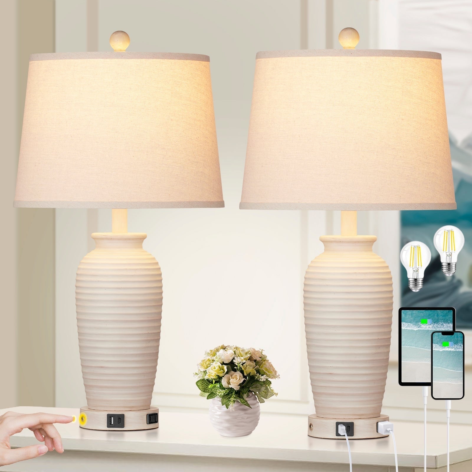 Beige Resin Table Lamps 3-way Touch Dimming Switch USB & Type-C Charging Ports AC Outlet (Set of 2)