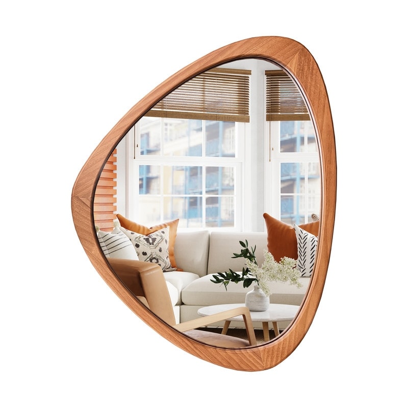 Pine Wooden Frame Asymmetrical Cobblestone Shaped Wall Mirror