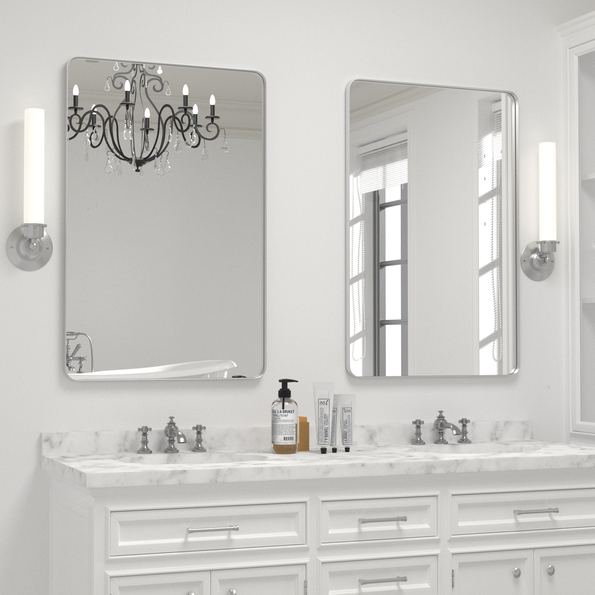 Modern Wall Mirror, Rectangular Mirror with Metal Frame, Bathroom Mirror with Round Corner Vanity Mirror for Vertical/Horizontal