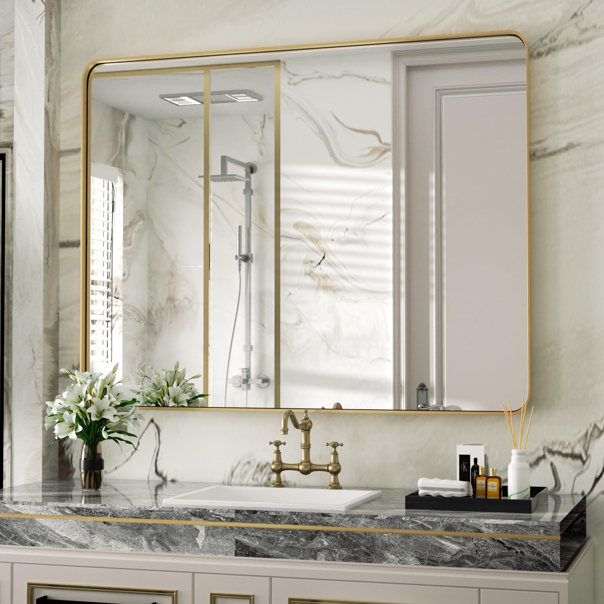 Modern Wall Mirrors, Rectangular Mirror with Stainless Steel Framed, Bathroom Mirror with Round Corner, Vanity Mirror