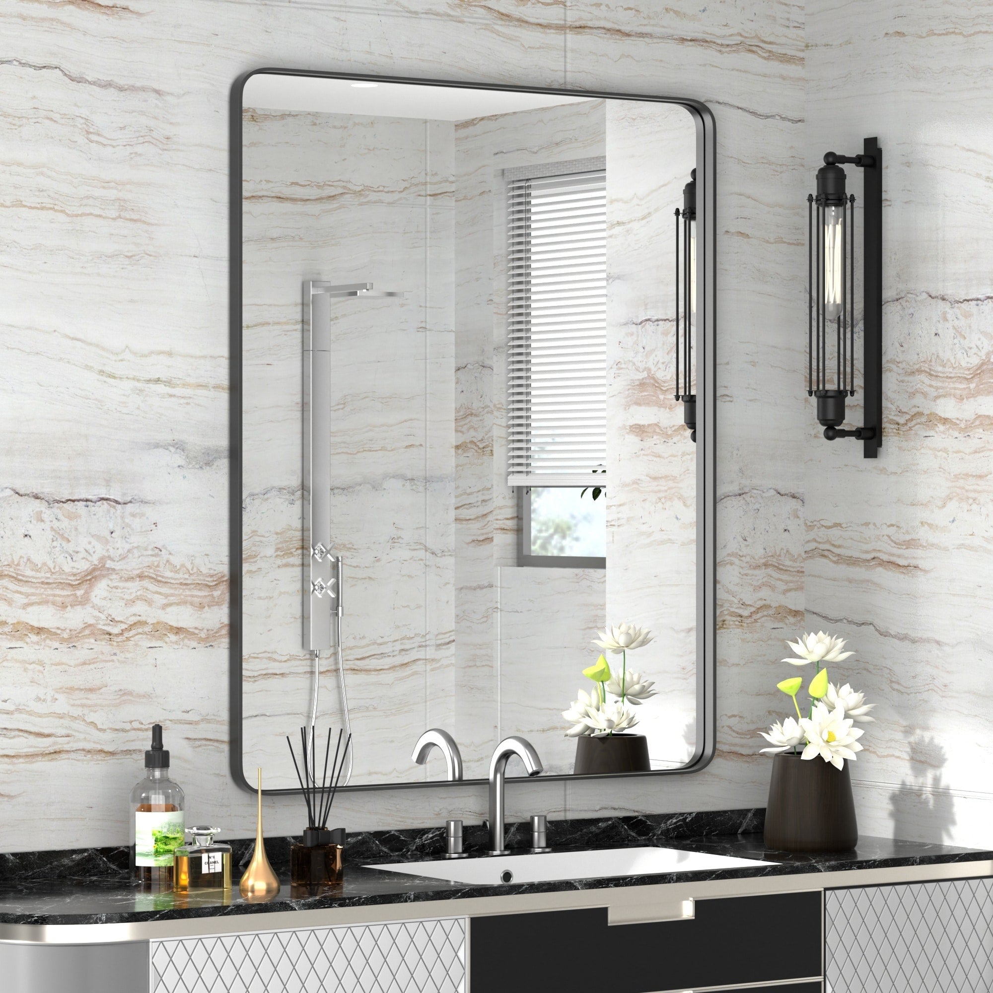 Modern Wall Mirrors, Rectangular Mirror with Stainless Steel Framed, Bathroom Mirror with Round Corner, Vanity Mirror