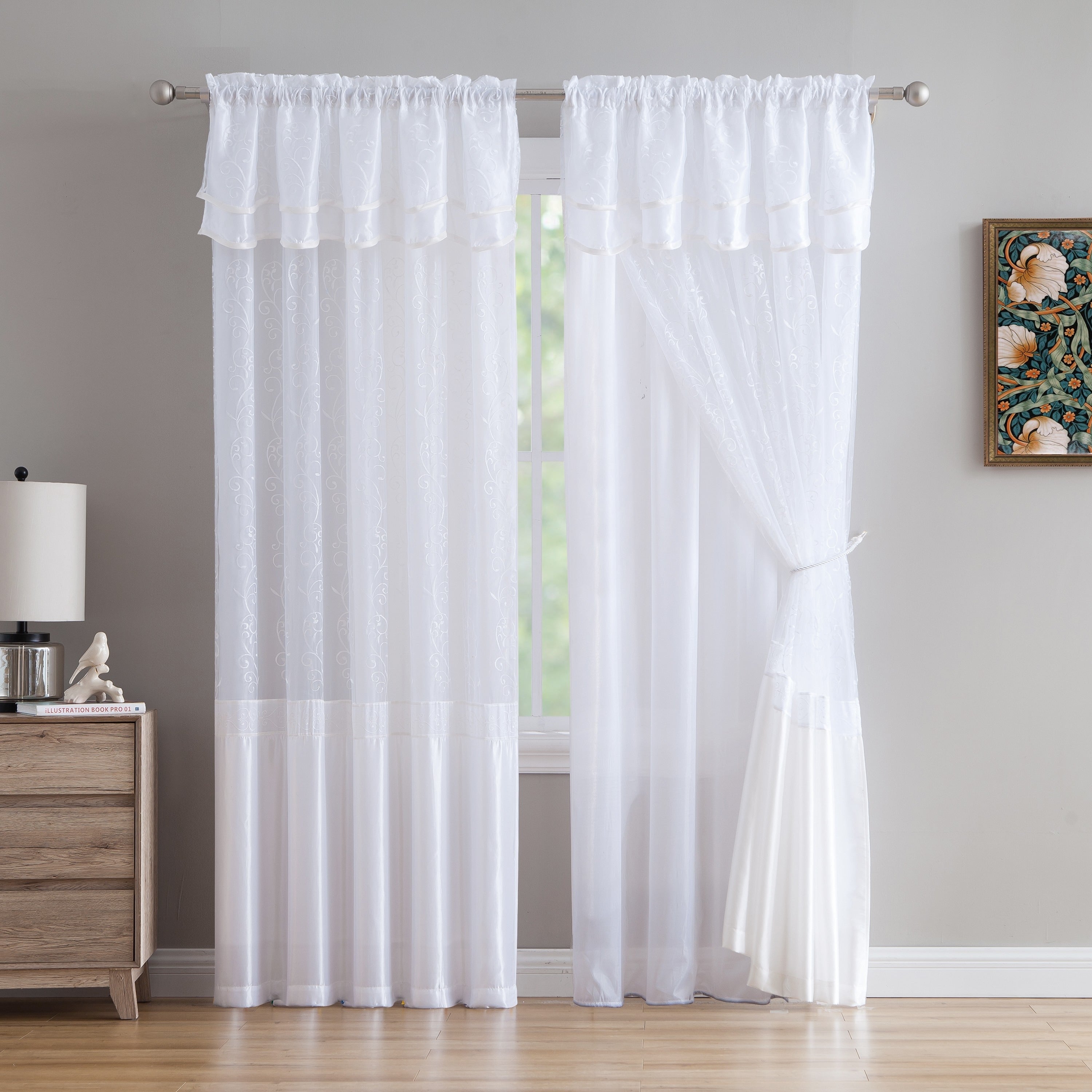 VCNY Home Violette White Embroidered Layered Rod Pocket Sheer Curtain Panel - 55 x 90