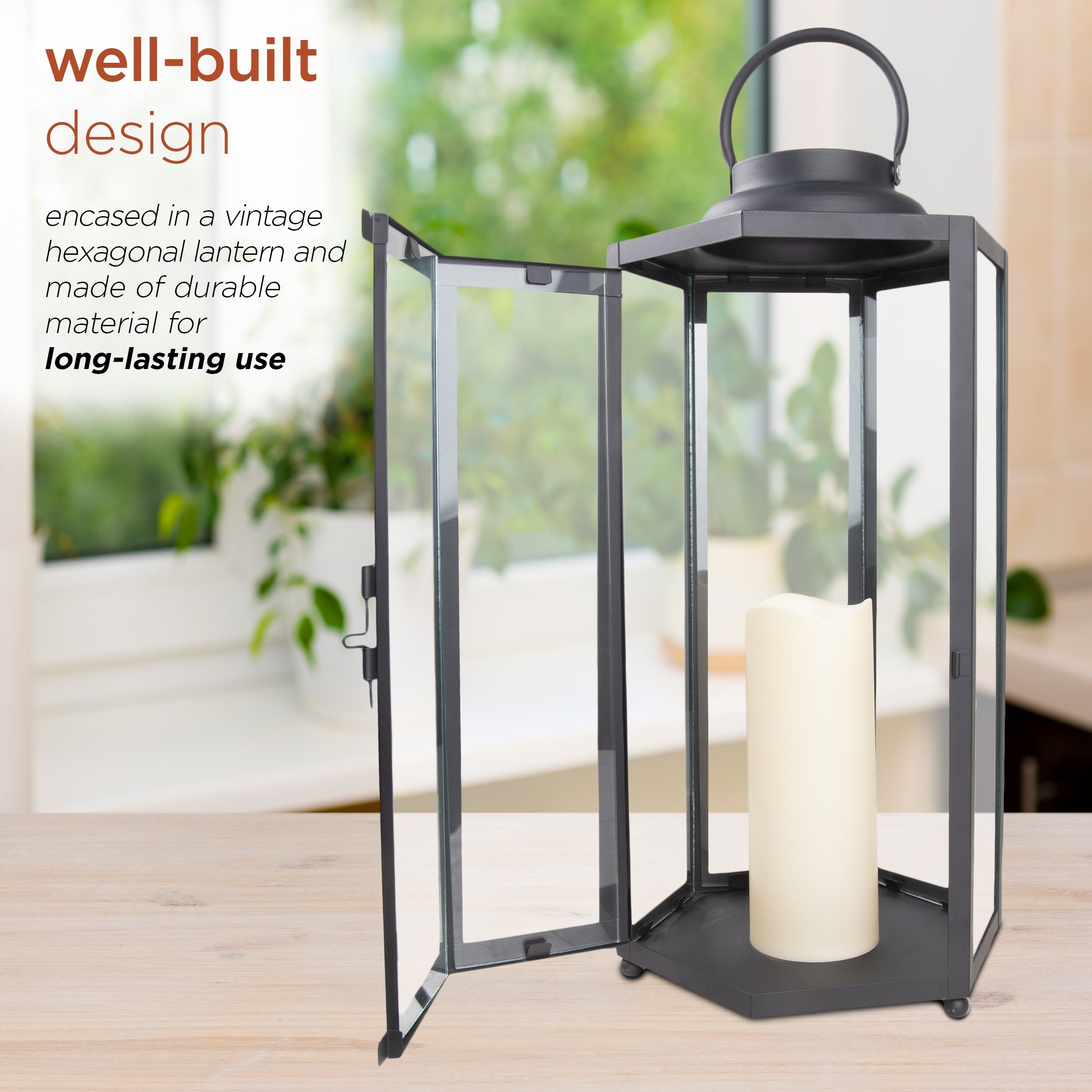 Alpine Corporation 18 Tall Outdoor Hexagonal Battery-Operated Metal Lantern with LED Lights, Black