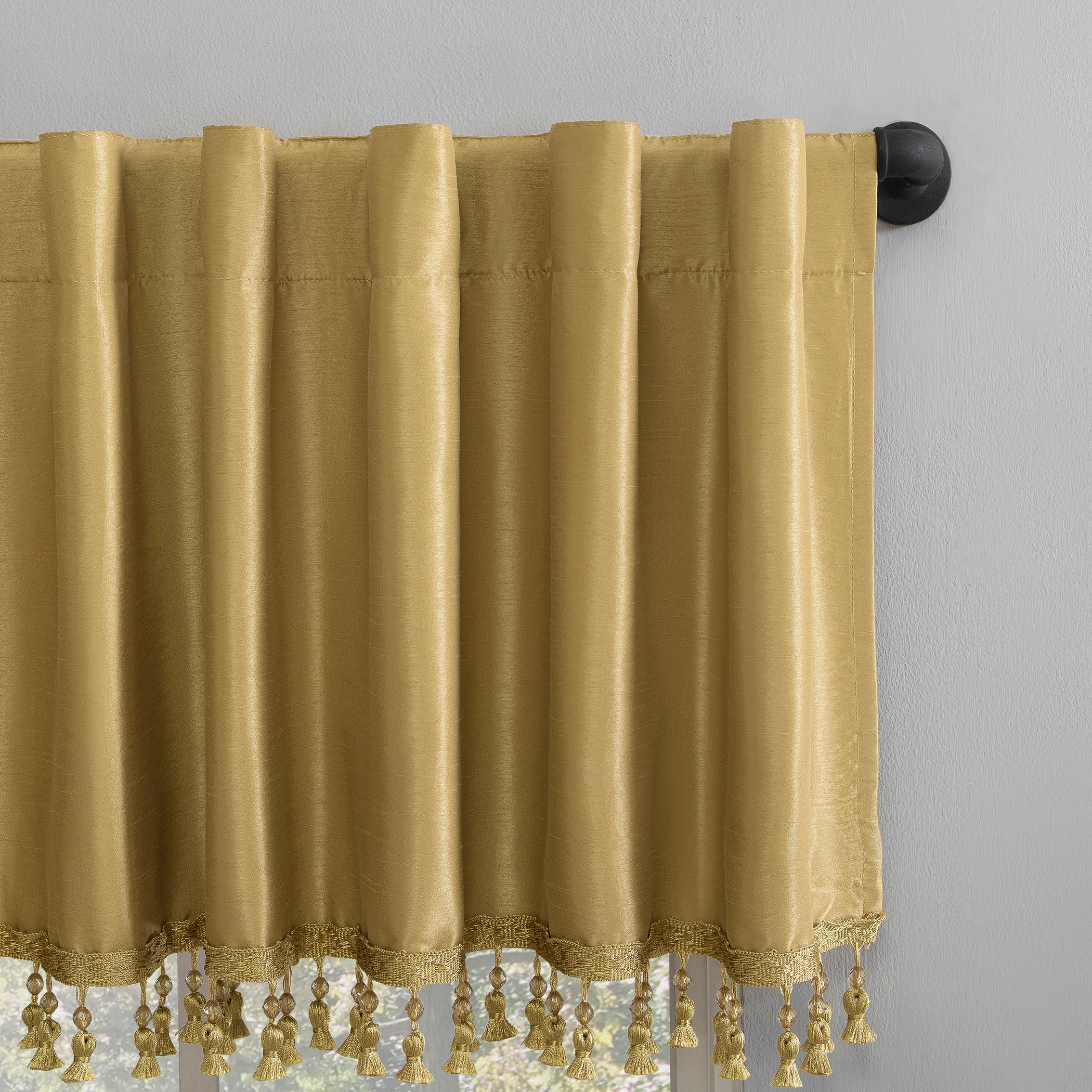 Sun Zero Evelina Faux Dupioni Silk Beaded Tassels Thermal Extreme Total Blackout Back Tab Curtain Valance