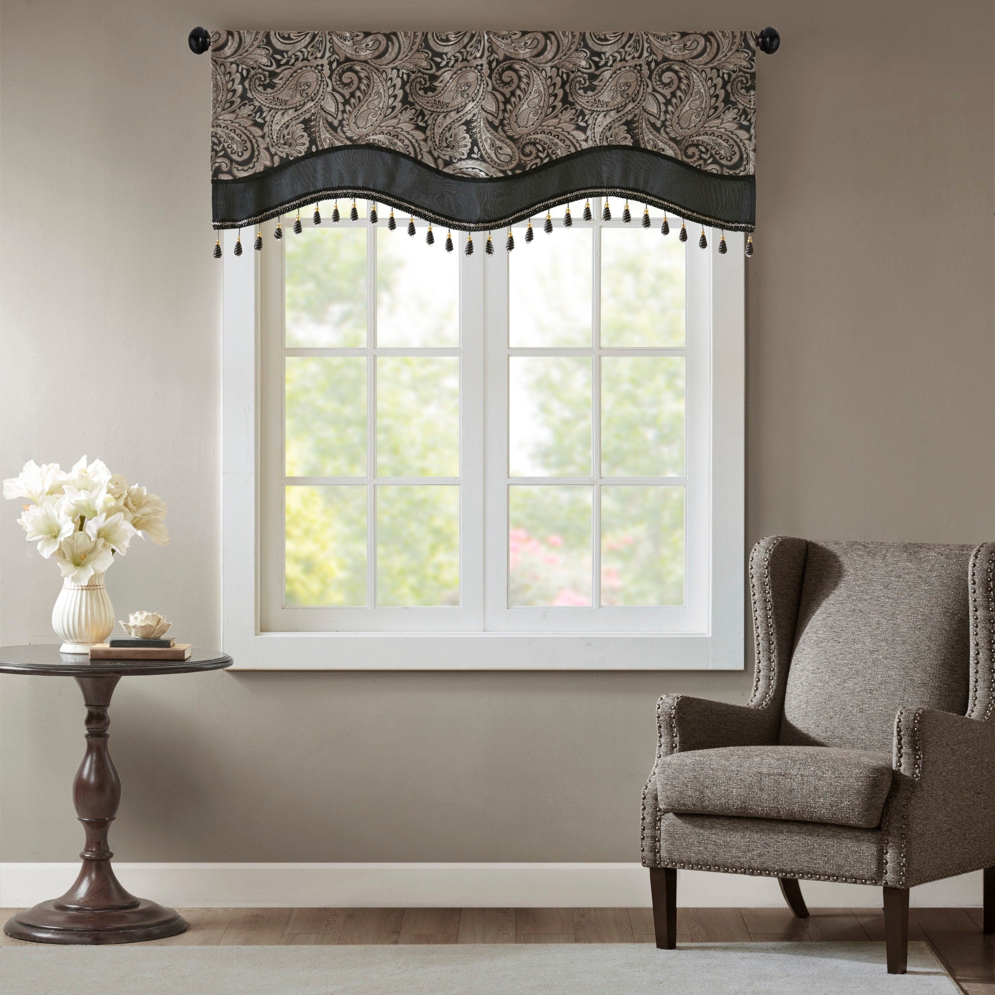 Madison Park Whitman Jacquard Window Rod Pocket Valance with Beads - 50 x 18