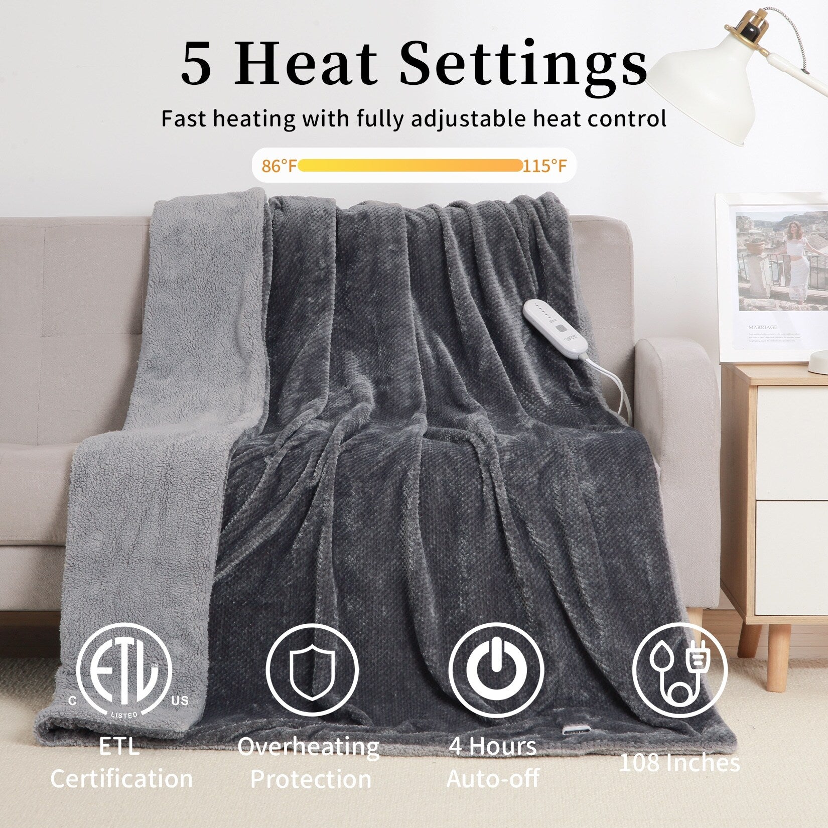 Flannel Sherpa Heating Blanket with 5 Heat Settings