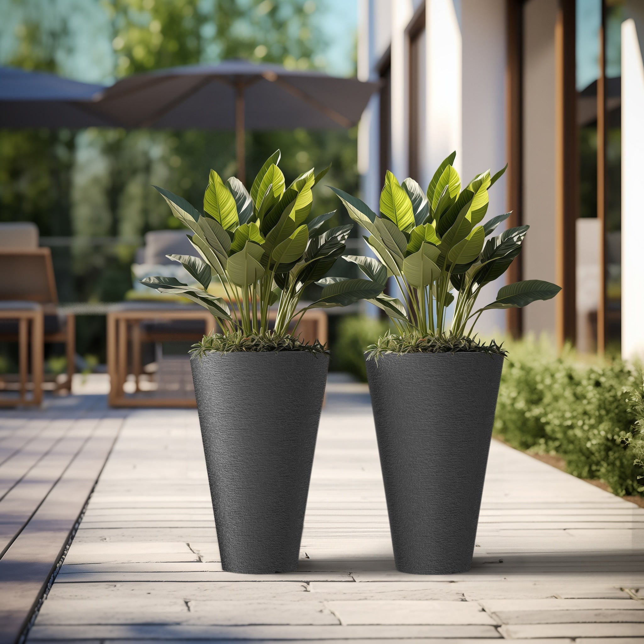 Black Tall Plastic Round Plant Pots / Large Indoor and Outdoor Flower Planters, 2 Piece Set