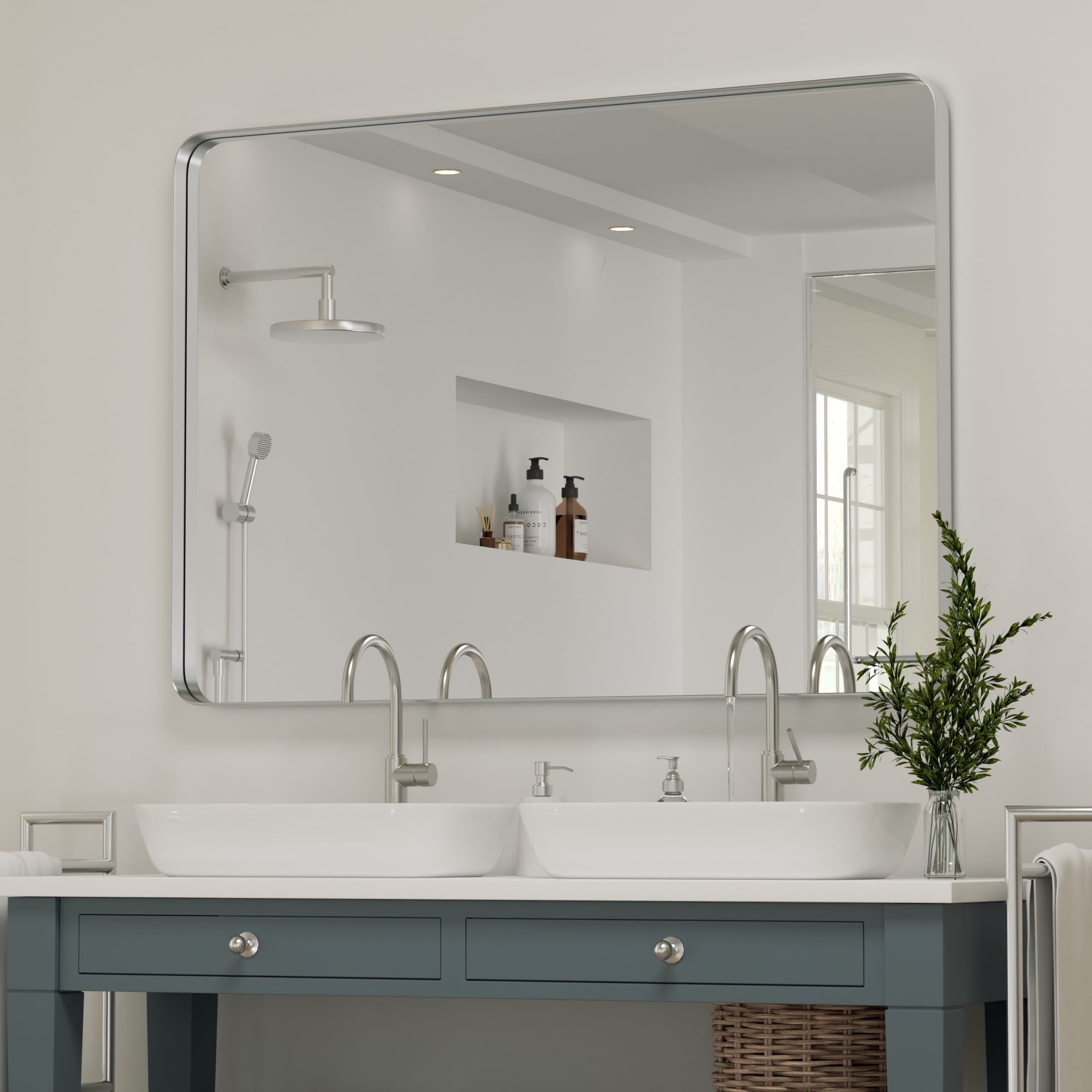 Modern Wall Mirror, Rectangular Mirror with Metal Frame, Bathroom Mirror with Round Corner Vanity Mirror for Vertical/Horizontal