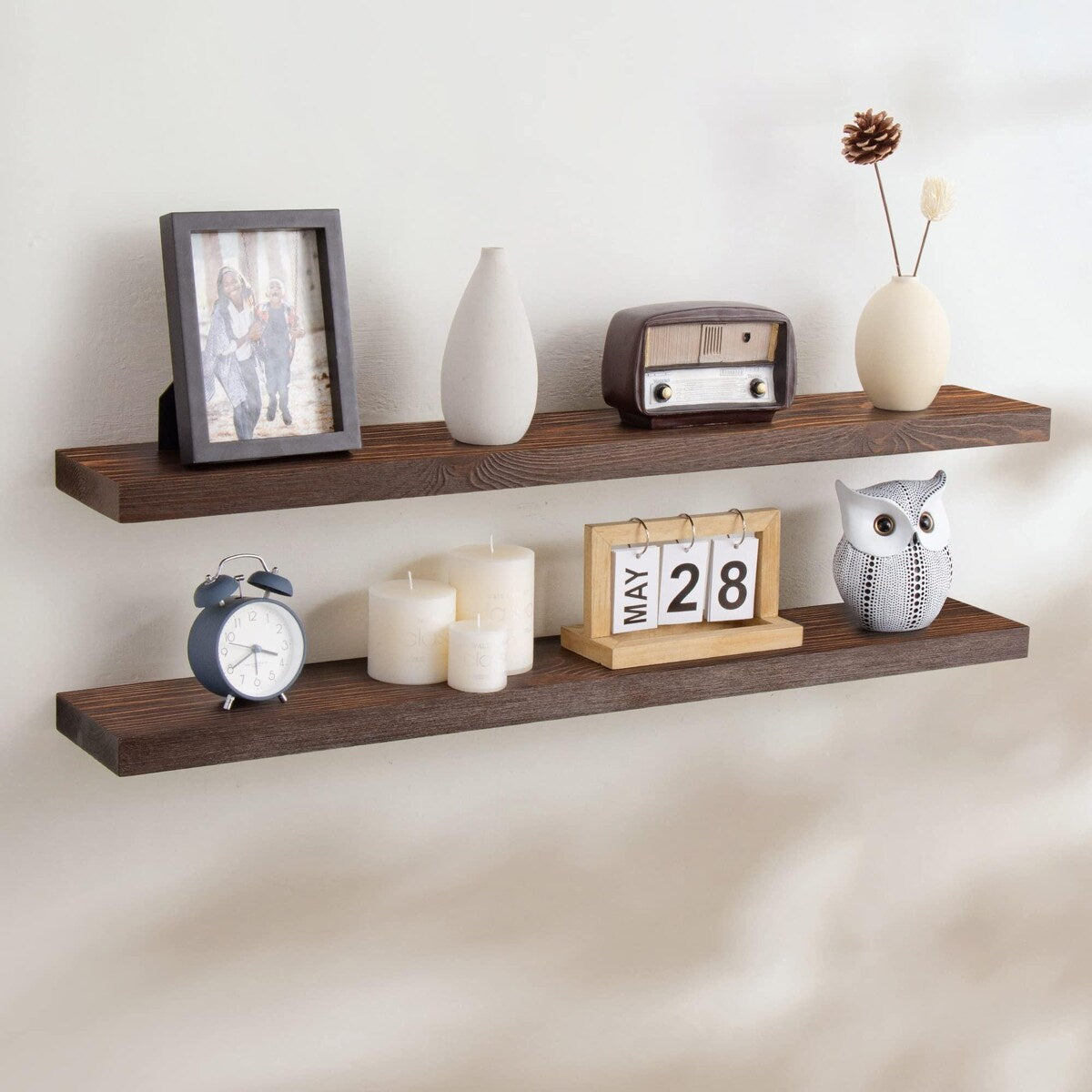 Handcrafted European Pine Natural Rustic Wooden Floating Shelves Wall Mounted Set of 2