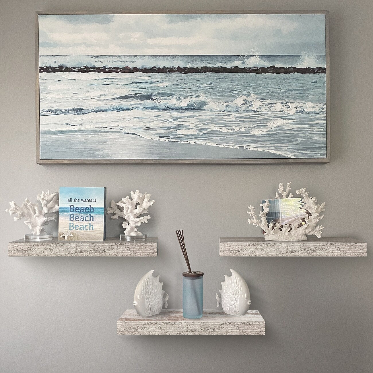 Floating Shelf Set, Rustic Wood Beach Style Hanging Wall Shelves - 3-Pack