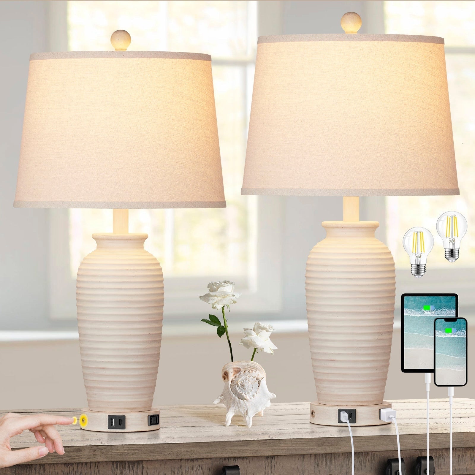 Beige Resin Table Lamps 3-way Touch Dimming Switch USB & Type-C Charging Ports AC Outlet (Set of 2)