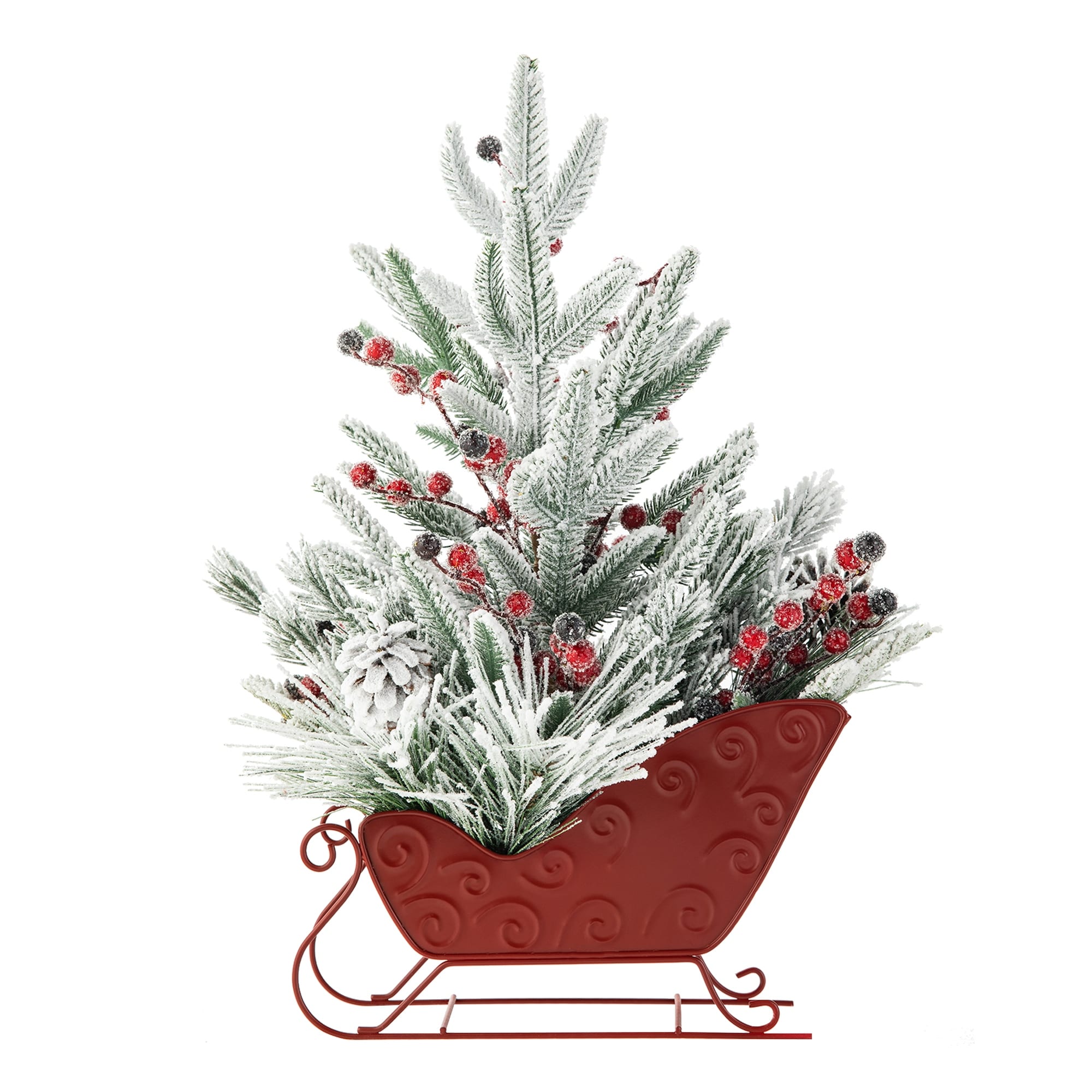 Glitzhome Christmas Red Sleigh Frosted Boot Floral Metal Potted Tree Table Decor