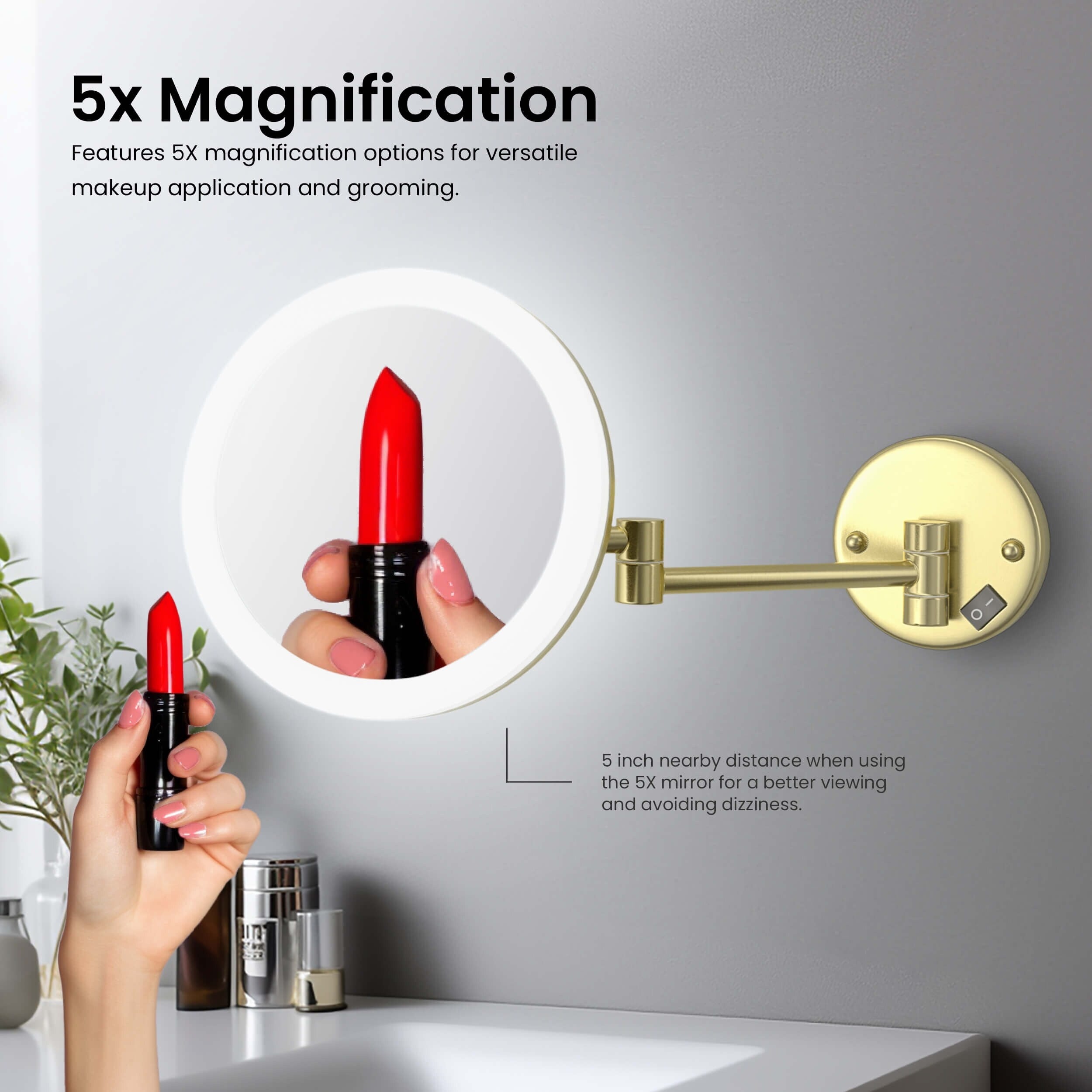 Circular LED Wall Mount One Side 5x Magnifying Make Up Mirror