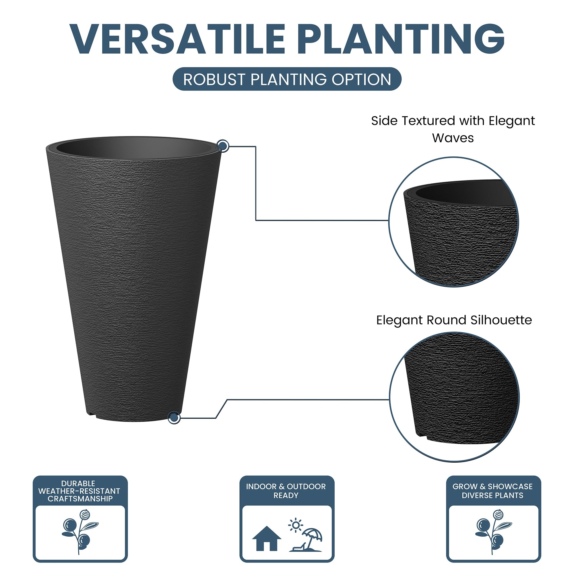 Black Tall Plastic Round Plant Pots / Large Indoor and Outdoor Flower Planters, 2 Piece Set