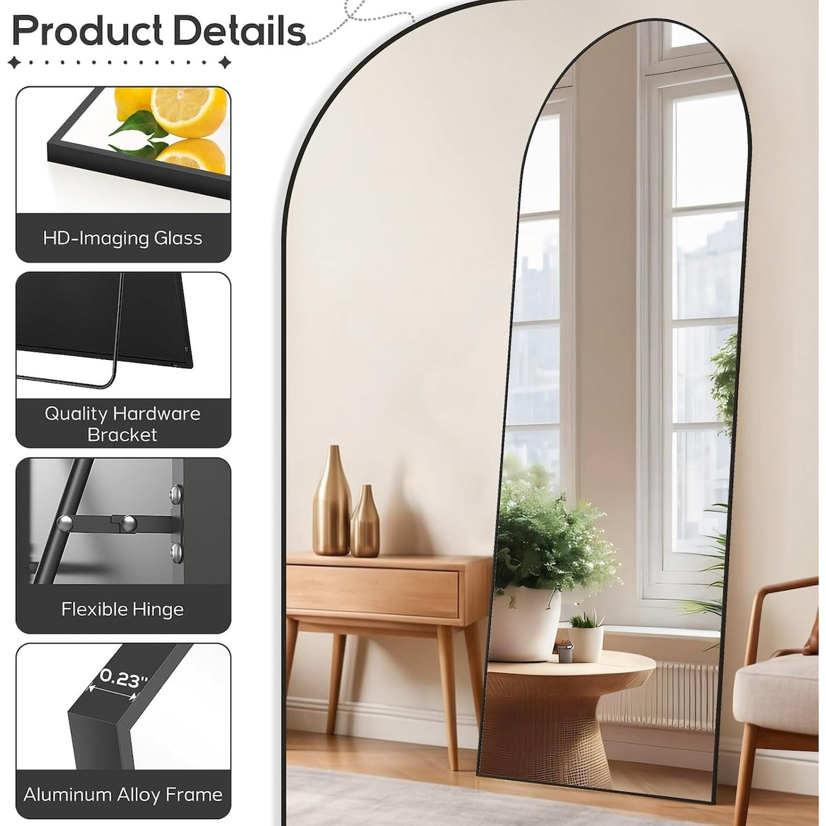 Arched Mirror Full Length, 21x64 Body Wall Mirrors Shatter-Proof Glass, Large Tall Arch Mirror with Stand Aluminum Alloy Frame