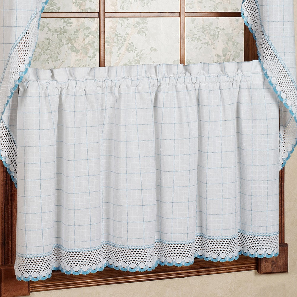 Cotton Classic White/ Blue Window Pane Pattern and Crotchet Trim Tiers, Swags and Valance Options